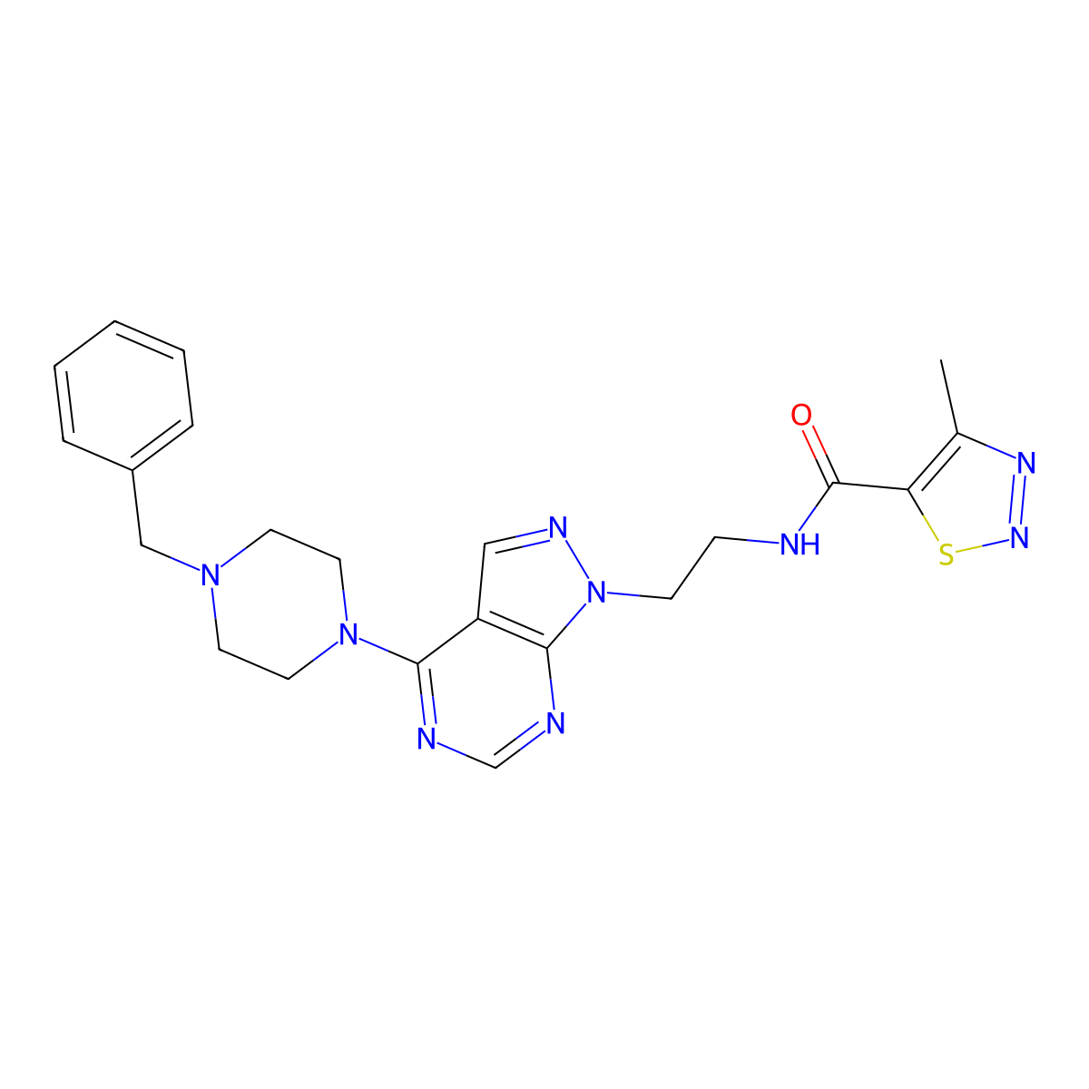 N-(2-(4-(4-benzylpiperazin-1-yl)-1H-pyrazolo[3,4-d]pyrimidin-1-yl)ethyl)-4-methyl-1,2,3-thiadiazole-5-carboxamide molecular structure, CAS 1021026-02-7