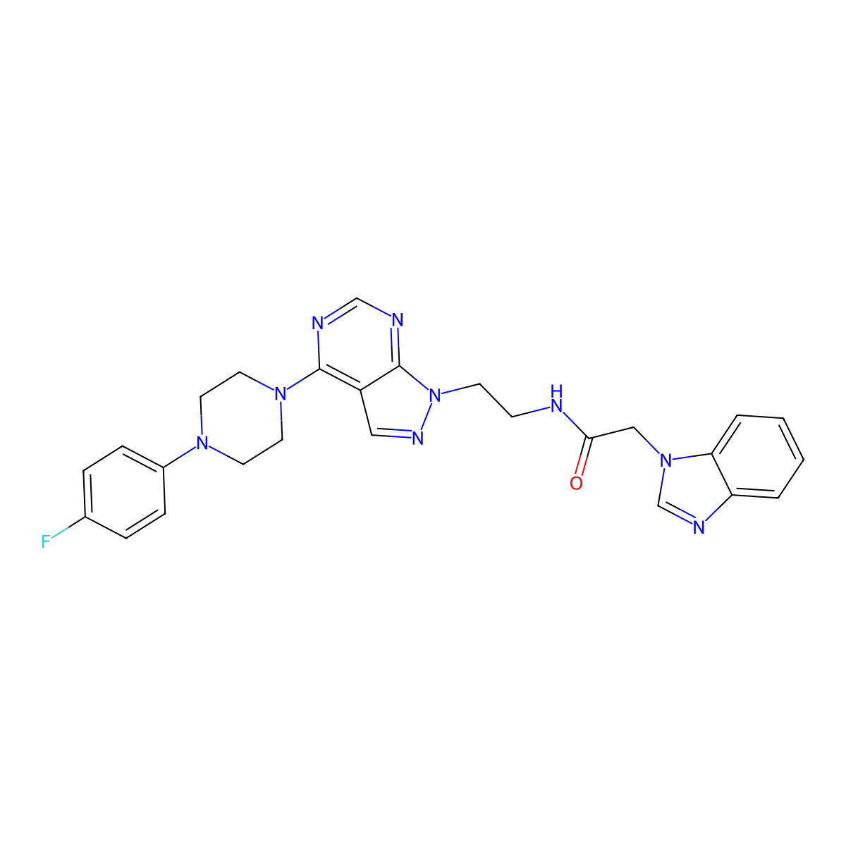 2-(1H-1,3-benzodiazol-1-yl)-N-(2-{4-[4-(4-fluorophenyl)piperazin-1-yl]-1H-pyrazolo[3,4-d]pyrimidin-1-yl}ethyl)acetamide molecular structure, CAS 1021026-05-0