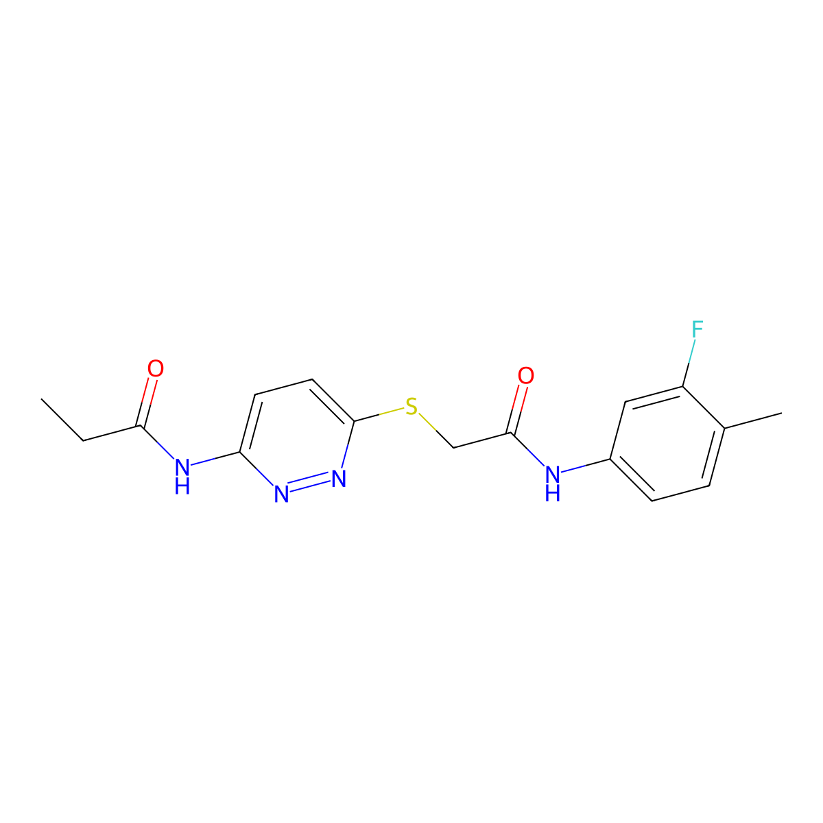 N-(6-((2-((3-fluoro-4-methylphenyl)amino)-2-oxoethyl)thio)pyridazin-3-yl)propionamide molecular structure, CAS 1021026-15-2