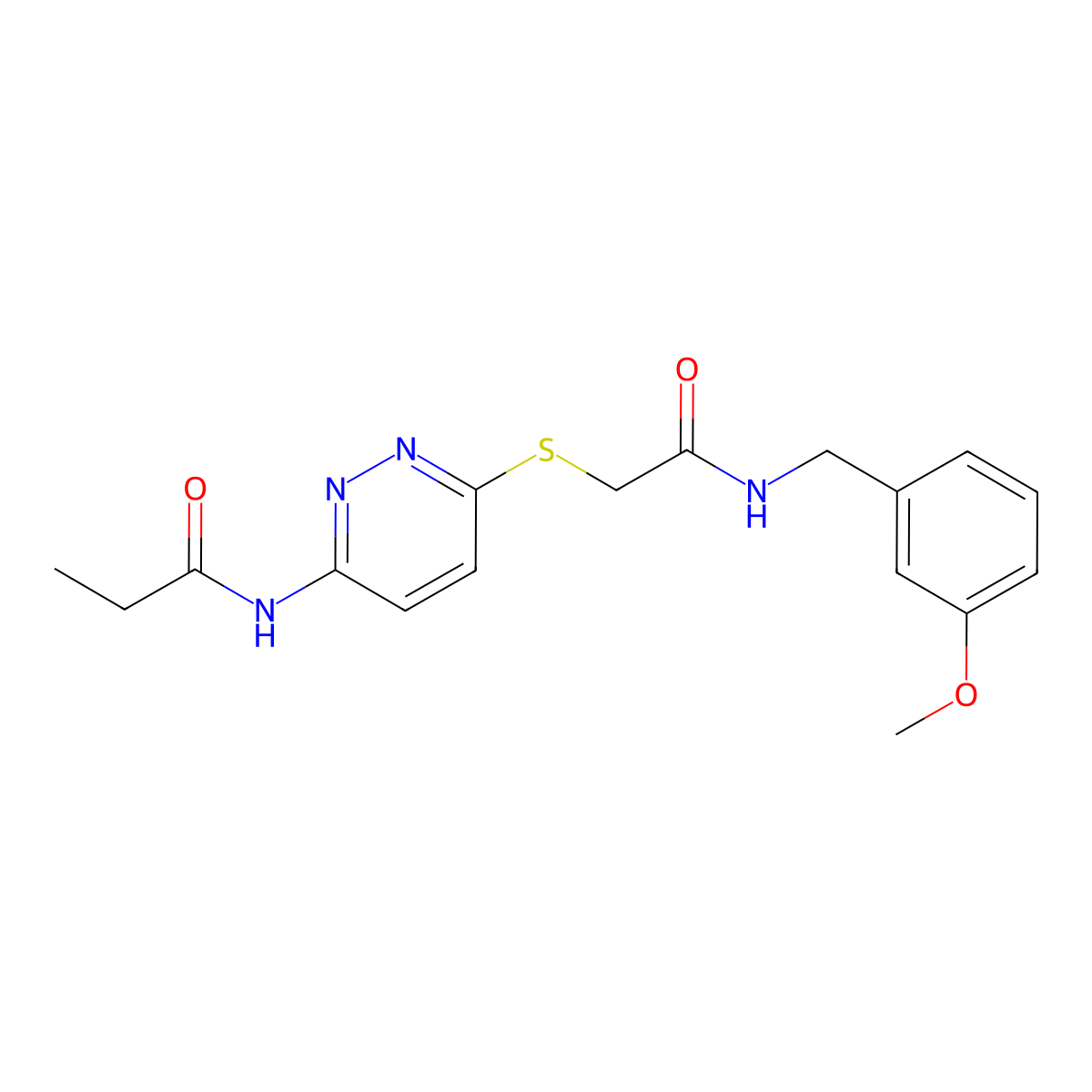 N-(6-((2-((3-methoxybenzyl)amino)-2-oxoethyl)thio)pyridazin-3-yl)propionamide molecular structure, CAS 1021026-17-4