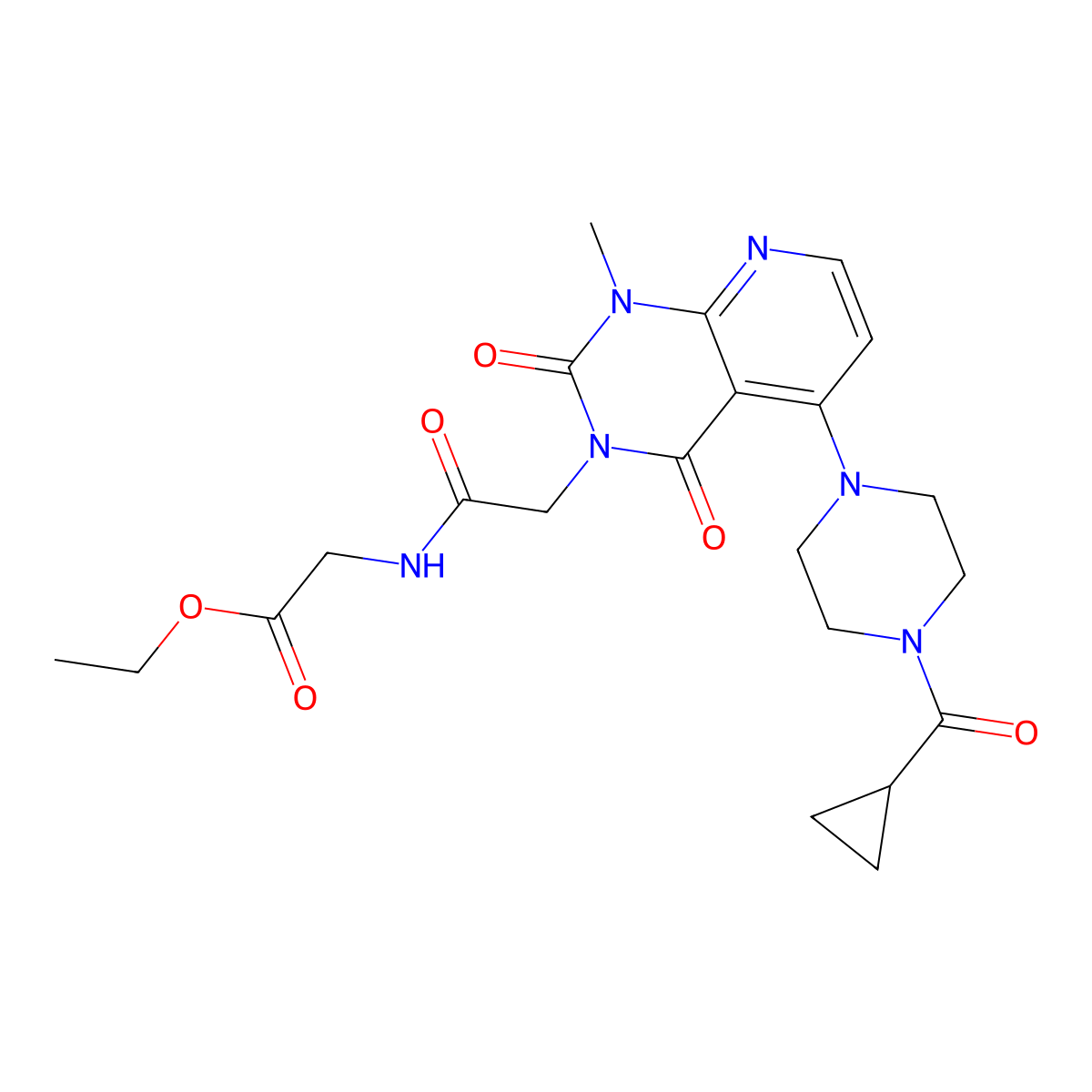 ethyl 2-(2-(5-(4-(cyclopropanecarbonyl)piperazin-1-yl)-1-methyl-2,4-dioxo-1,2-dihydropyrido[2,3-d]pyrimidin-3(4H)-yl)acetamido)acetate molecular structure, CAS 1021026-27-6