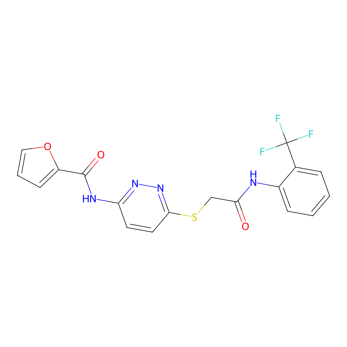 N-(6-((2-oxo-2-((2-(trifluoromethyl)phenyl)amino)ethyl)thio)pyridazin-3-yl)furan-2-carboxamide molecular structure, CAS 1021026-28-7