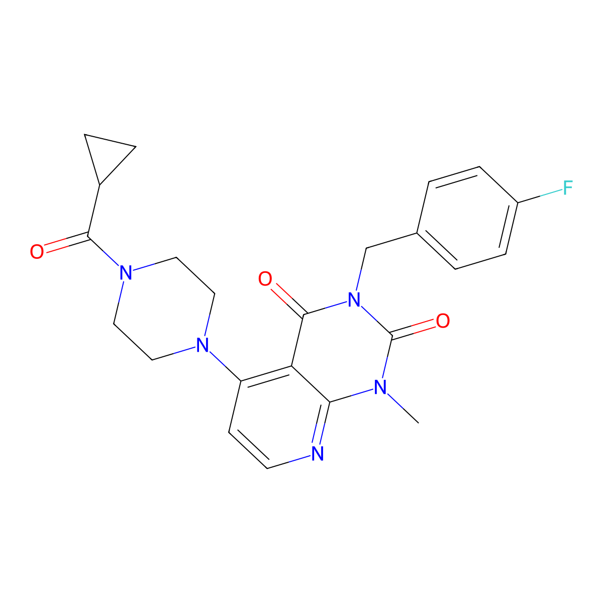 5-(4-(cyclopropanecarbonyl)piperazin-1-yl)-3-(4-fluorobenzyl)-1-methylpyrido[2,3-d]pyrimidine-2,4(1H,3H)-dione molecular structure, CAS 1021026-29-8