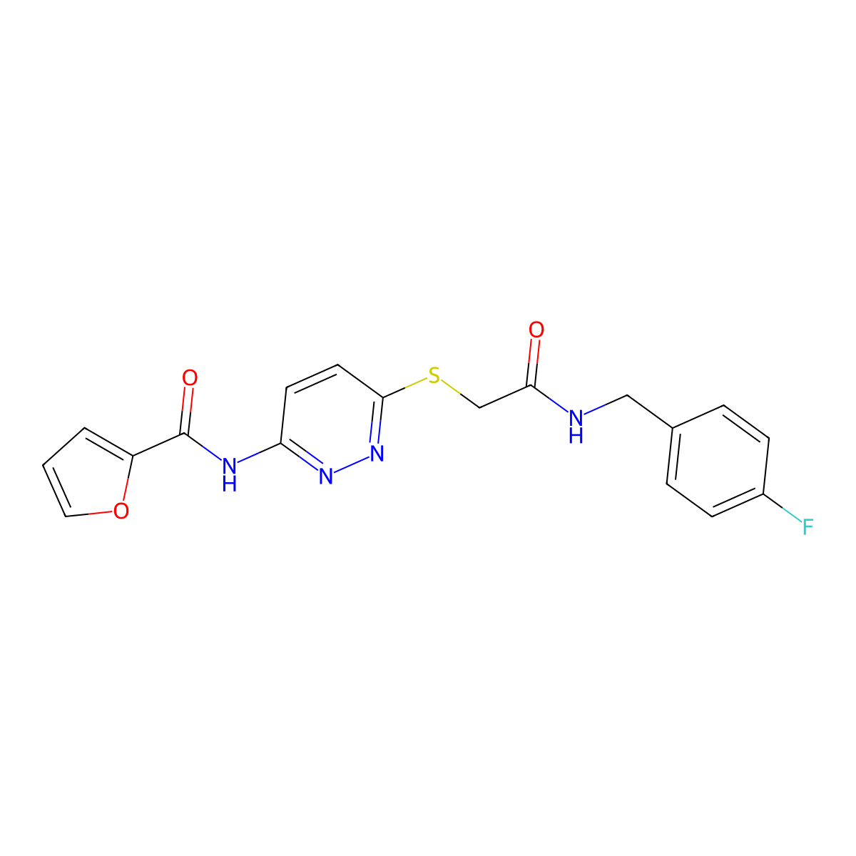 N-(6-((2-((4-fluorobenzyl)amino)-2-oxoethyl)thio)pyridazin-3-yl)furan-2-carboxamide molecular structure, CAS 1021026-34-5