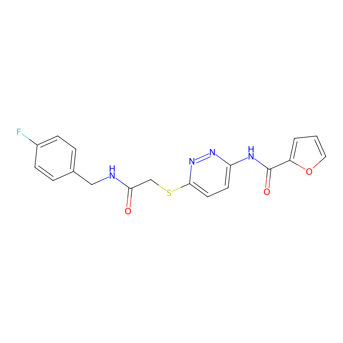 N-(6-((2-((4-fluorobenzyl)amino)-2-oxoethyl)thio)pyridazin-3-yl)furan-2-carboxamide molecular structure, CAS 1021026-34-5