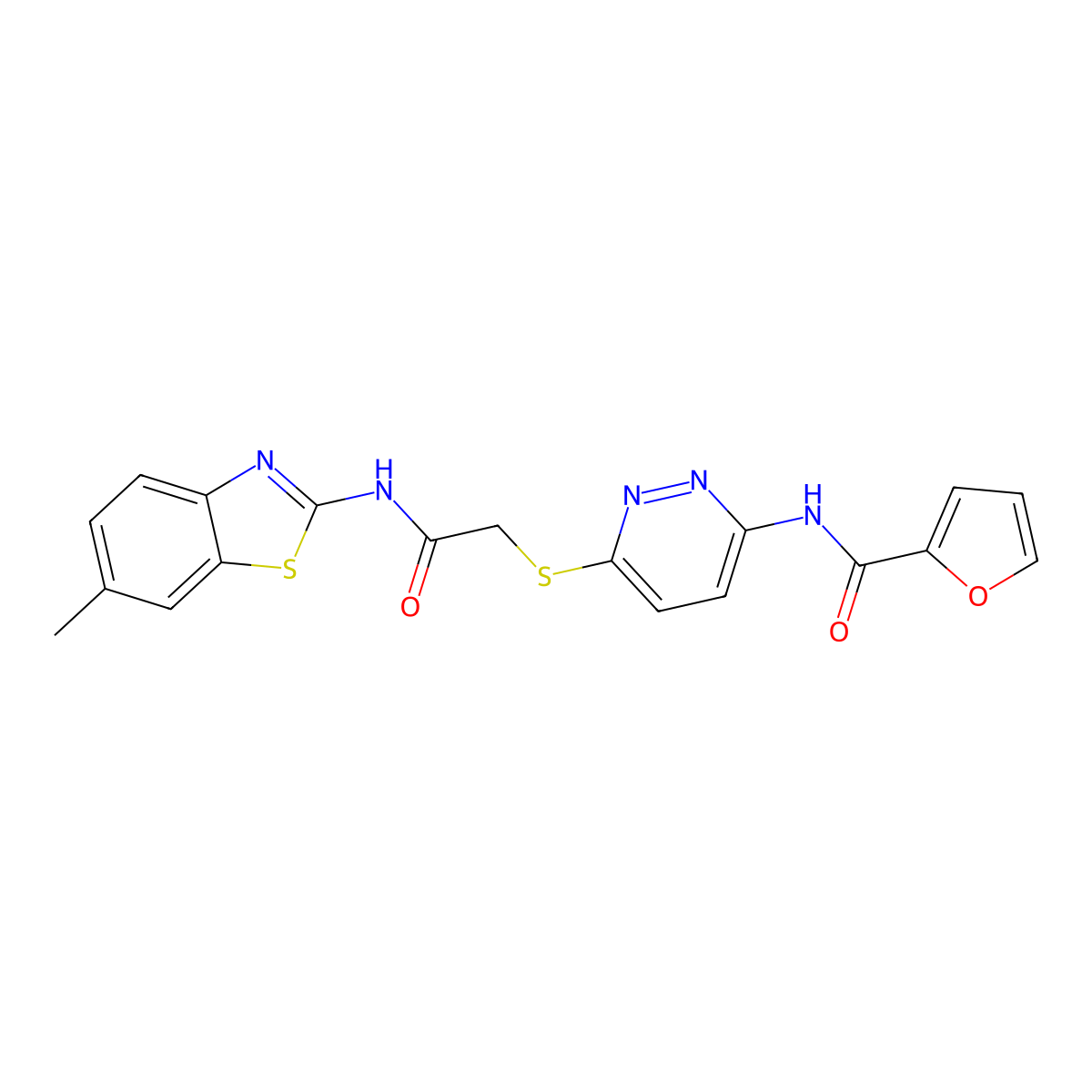 N-(6-((2-((6-methylbenzo[d]thiazol-2-yl)amino)-2-oxoethyl)thio)pyridazin-3-yl)furan-2-carboxamide molecular structure, CAS 1021026-42-5