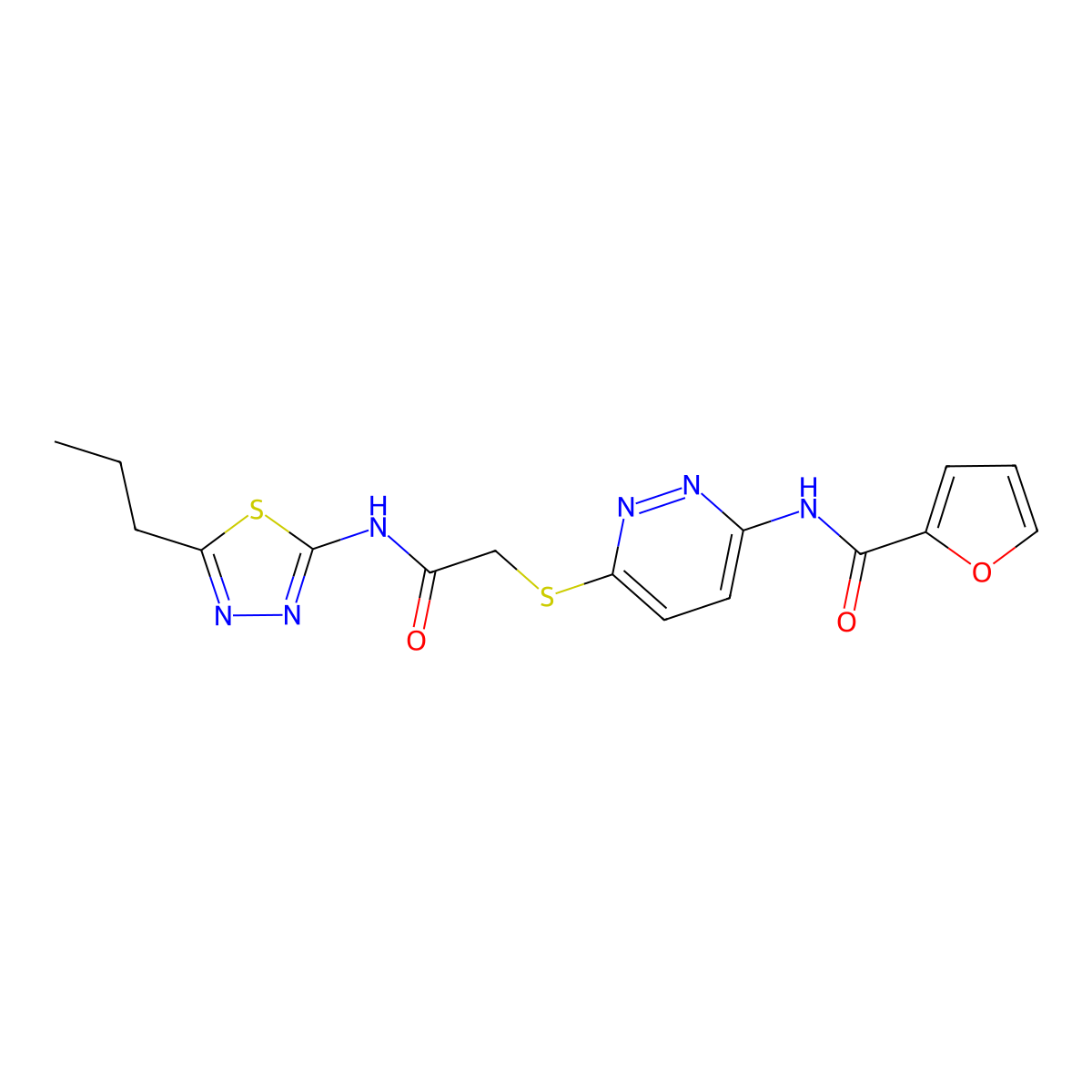 N-(6-((2-oxo-2-((5-propyl-1,3,4-thiadiazol-2-yl)amino)ethyl)thio)pyridazin-3-yl)furan-2-carboxamide molecular structure, CAS 1021026-57-2