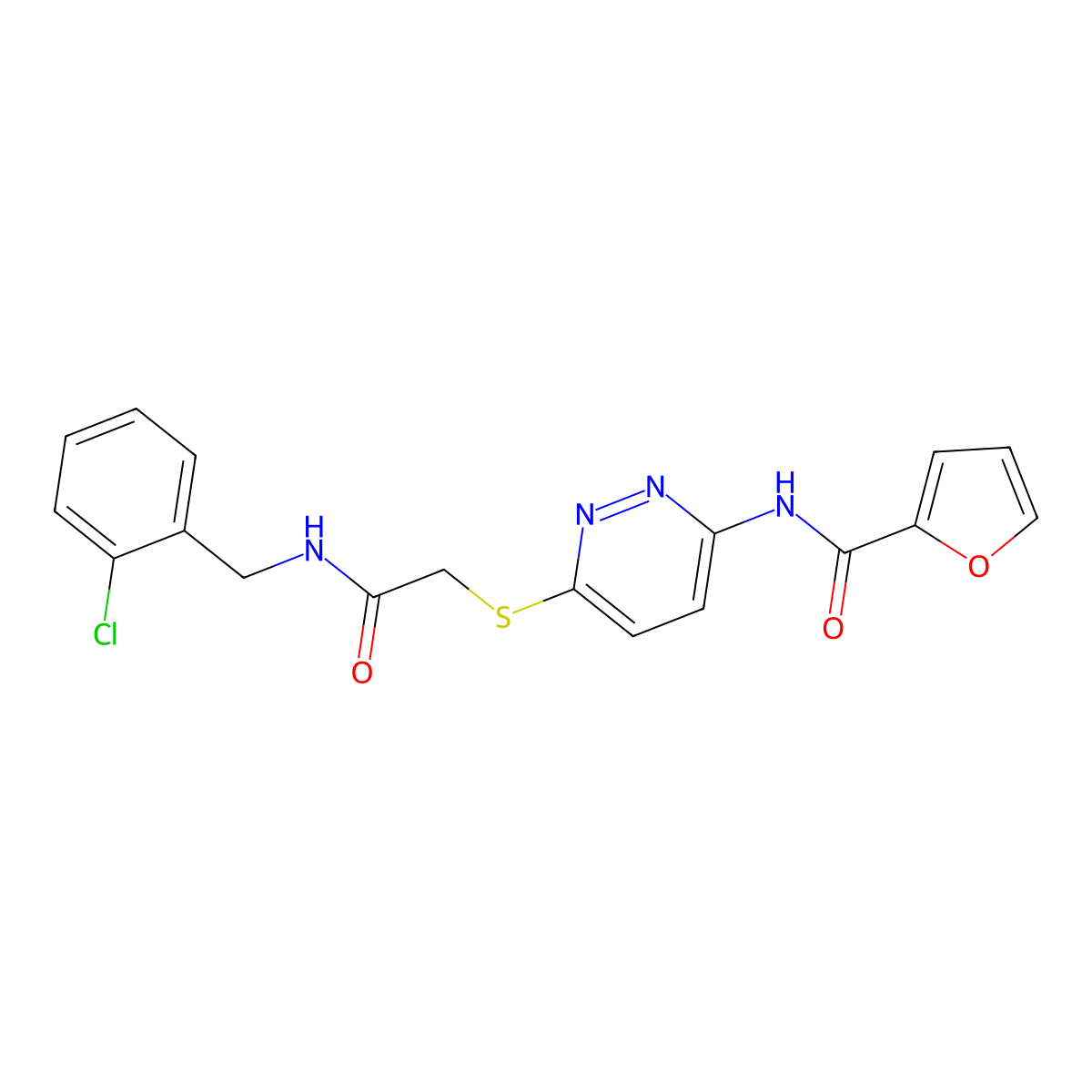 N-(6-((2-((2-chlorobenzyl)amino)-2-oxoethyl)thio)pyridazin-3-yl)furan-2-carboxamide molecular structure, CAS 1021026-59-4