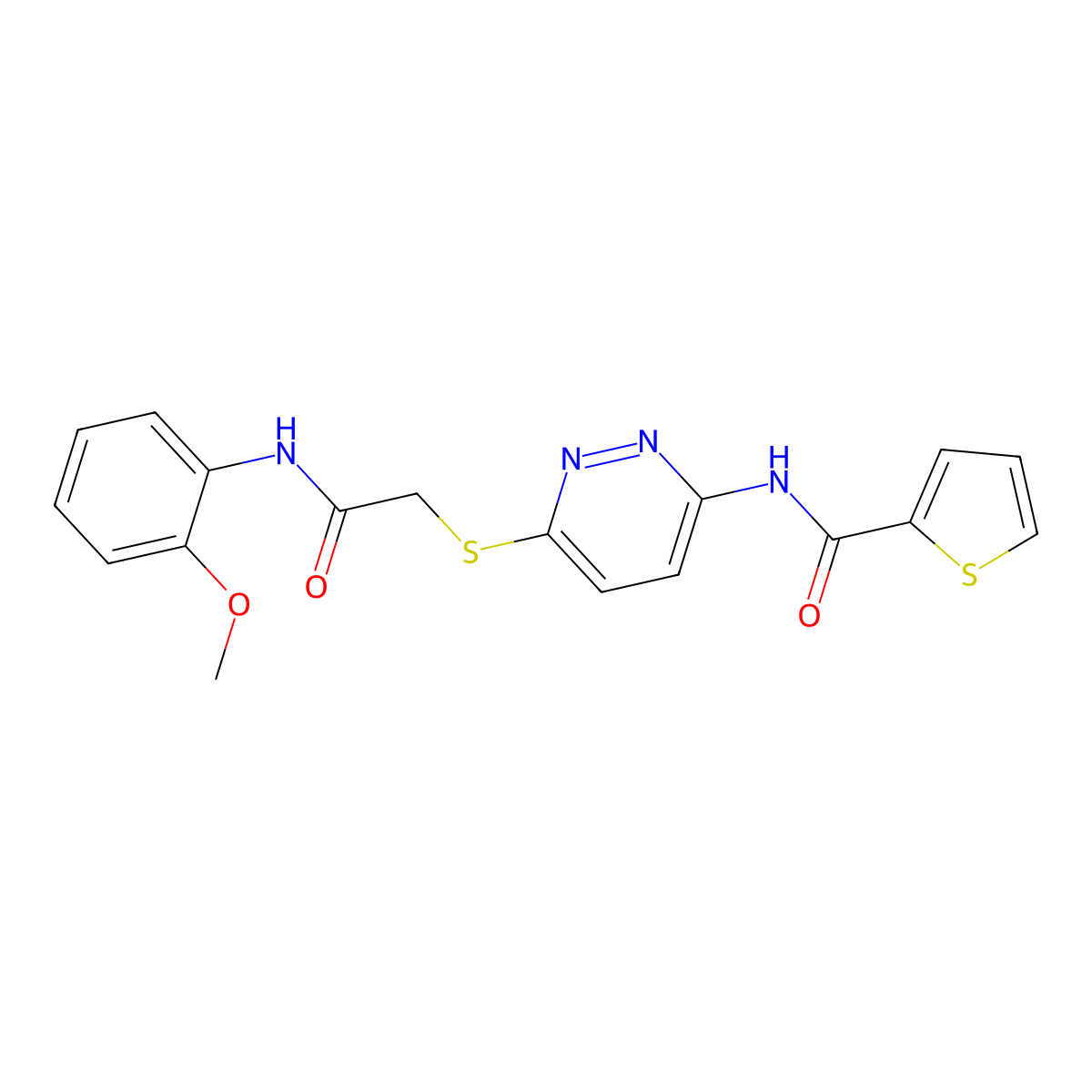 N-(6-((2-((2-methoxyphenyl)amino)-2-oxoethyl)thio)pyridazin-3-yl)thiophene-2-carboxamide molecular structure, CAS 1021026-67-4