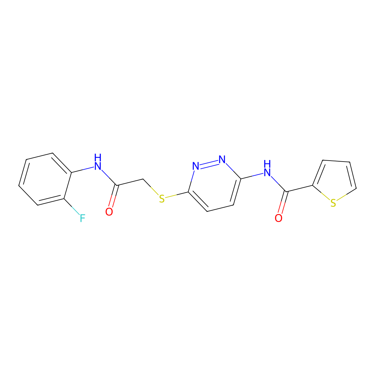 N-(6-((2-((2-fluorophenyl)amino)-2-oxoethyl)thio)pyridazin-3-yl)thiophene-2-carboxamide molecular structure, CAS 1021026-71-0