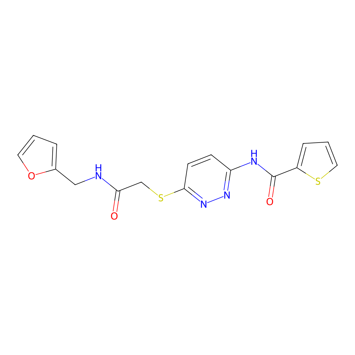 N-(6-((2-((furan-2-ylmethyl)amino)-2-oxoethyl)thio)pyridazin-3-yl)thiophene-2-carboxamide molecular structure, CAS 1021026-75-4