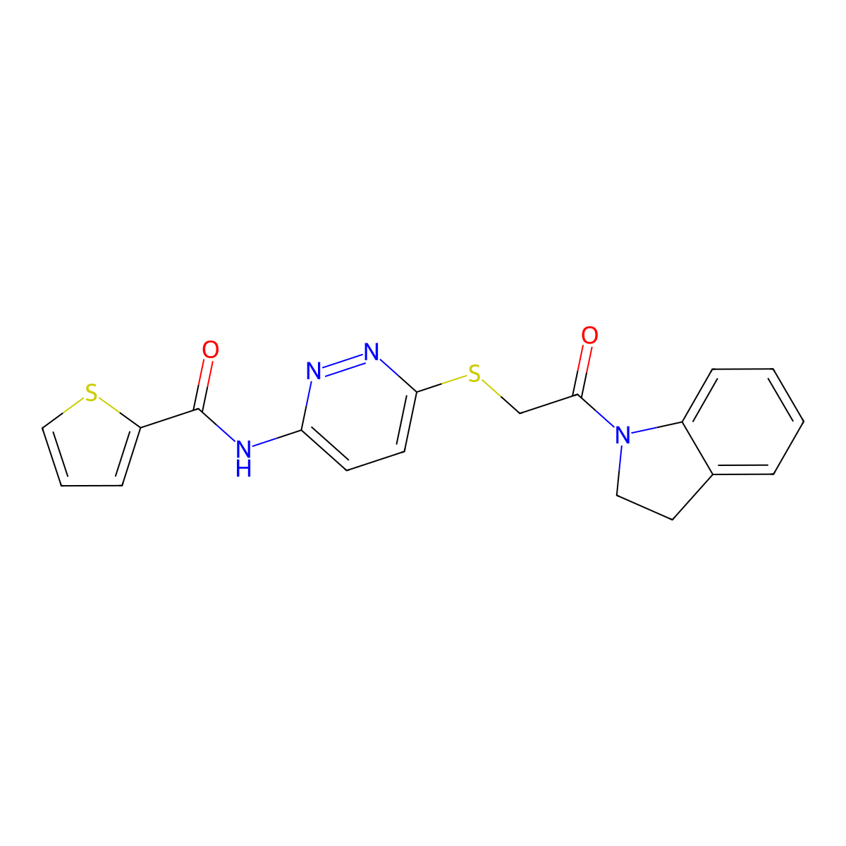 N-(6-((2-(indolin-1-yl)-2-oxoethyl)thio)pyridazin-3-yl)thiophene-2-carboxamide molecular structure, CAS 1021026-77-6