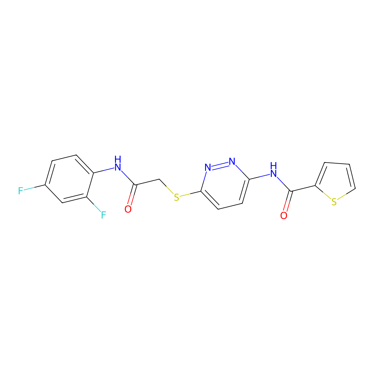 N-(6-((2-((2,4-difluorophenyl)amino)-2-oxoethyl)thio)pyridazin-3-yl)thiophene-2-carboxamide molecular structure, CAS 1021026-80-1