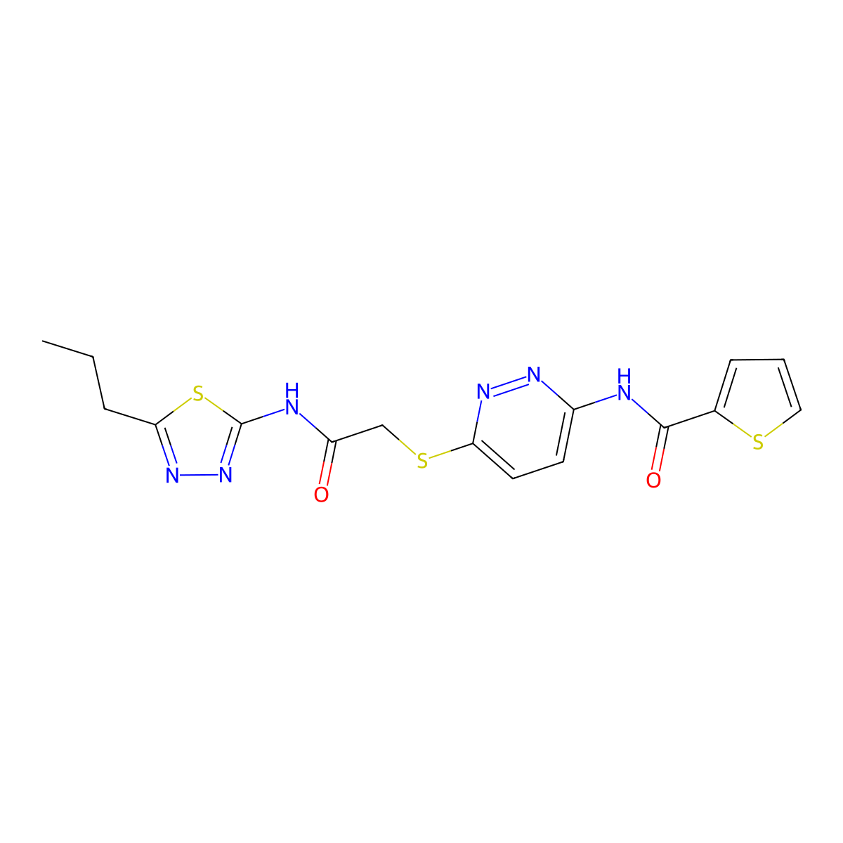 N-(6-((2-oxo-2-((5-propyl-1,3,4-thiadiazol-2-yl)amino)ethyl)thio)pyridazin-3-yl)thiophene-2-carboxamide molecular structure, CAS 1021026-82-3