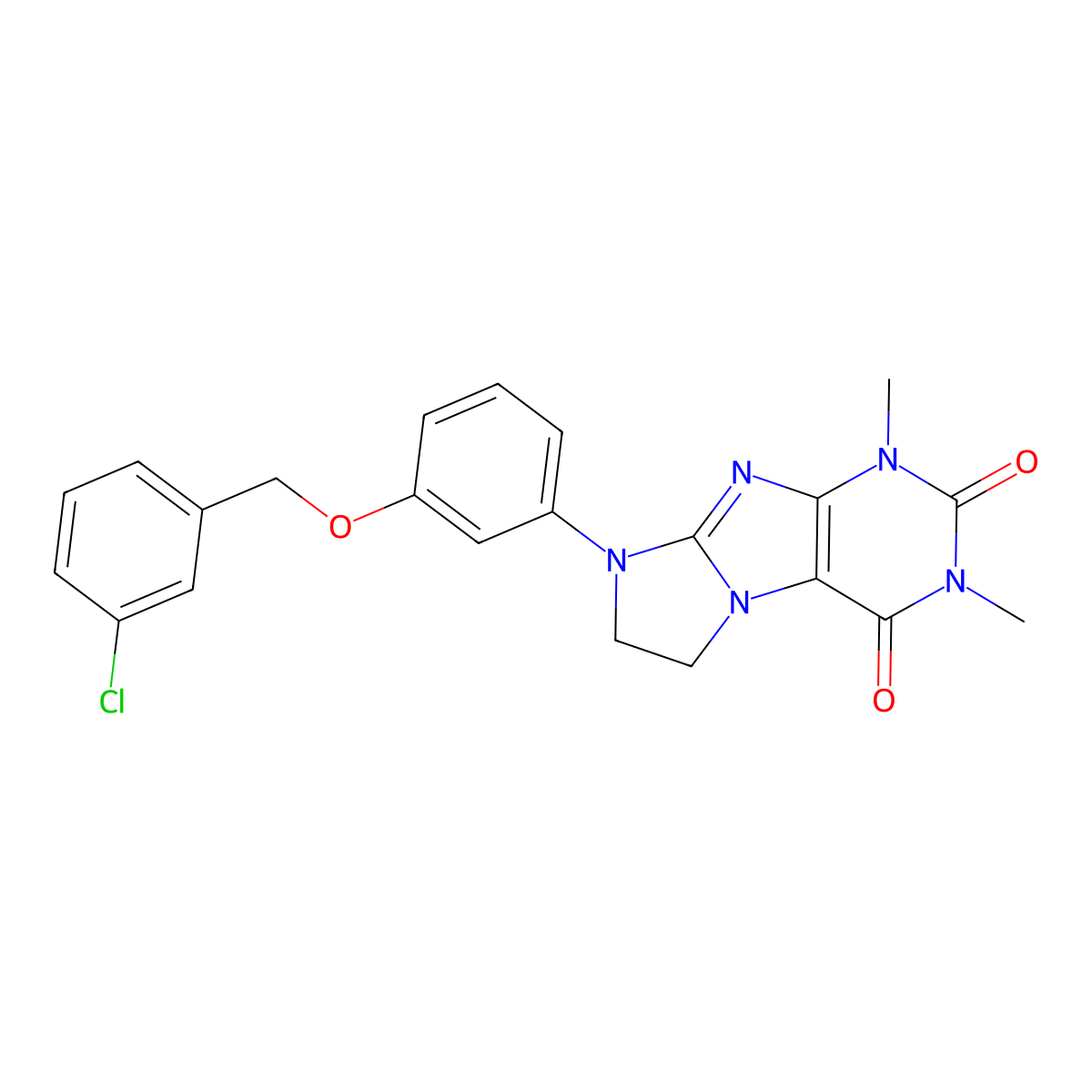 8-{3-[(3-Chlorophenyl)methoxy]phenyl}-1,3-dimethyl-1,3,5-trihydroimidazolidino [1,2-h]purine-2,4-dione molecular structure, CAS 1021029-66-2