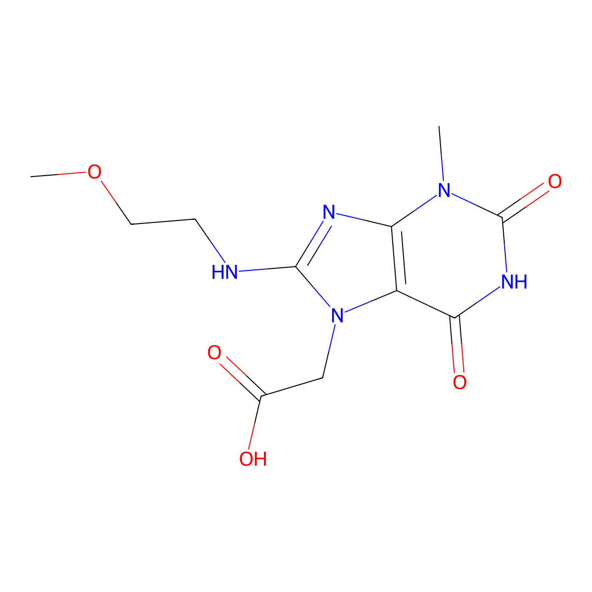 2-(8-((2-methoxyethyl)amino)-3-methyl-2,6-dioxo-2,3-dihydro-1H-purin-7(6H)-yl)acetic acid molecular structure, CAS 1021031-30-0