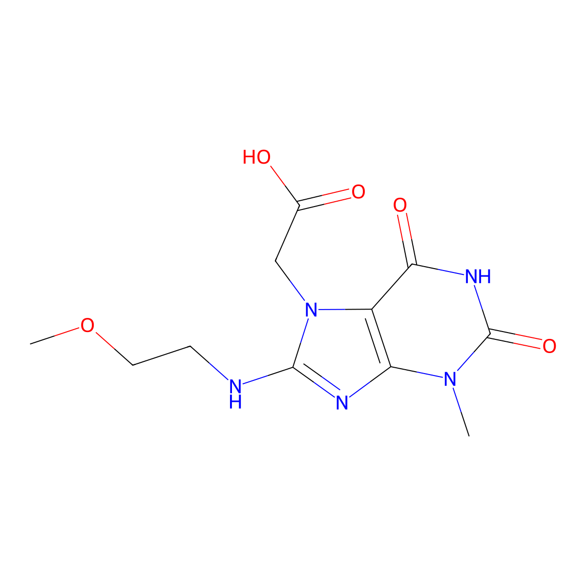 2-(8-((2-methoxyethyl)amino)-3-methyl-2,6-dioxo-2,3-dihydro-1H-purin-7(6H)-yl)acetic acid molecular structure, CAS 1021031-30-0