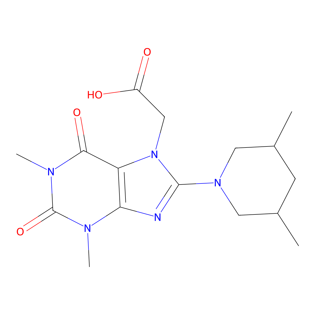2-(8-(3,5-dimethylpiperidin-1-yl)-1,3-dimethyl-2,6-dioxo-2,3-dihydro-1H-purin-7(6H)-yl)acetic acid molecular structure, CAS 1021031-31-1