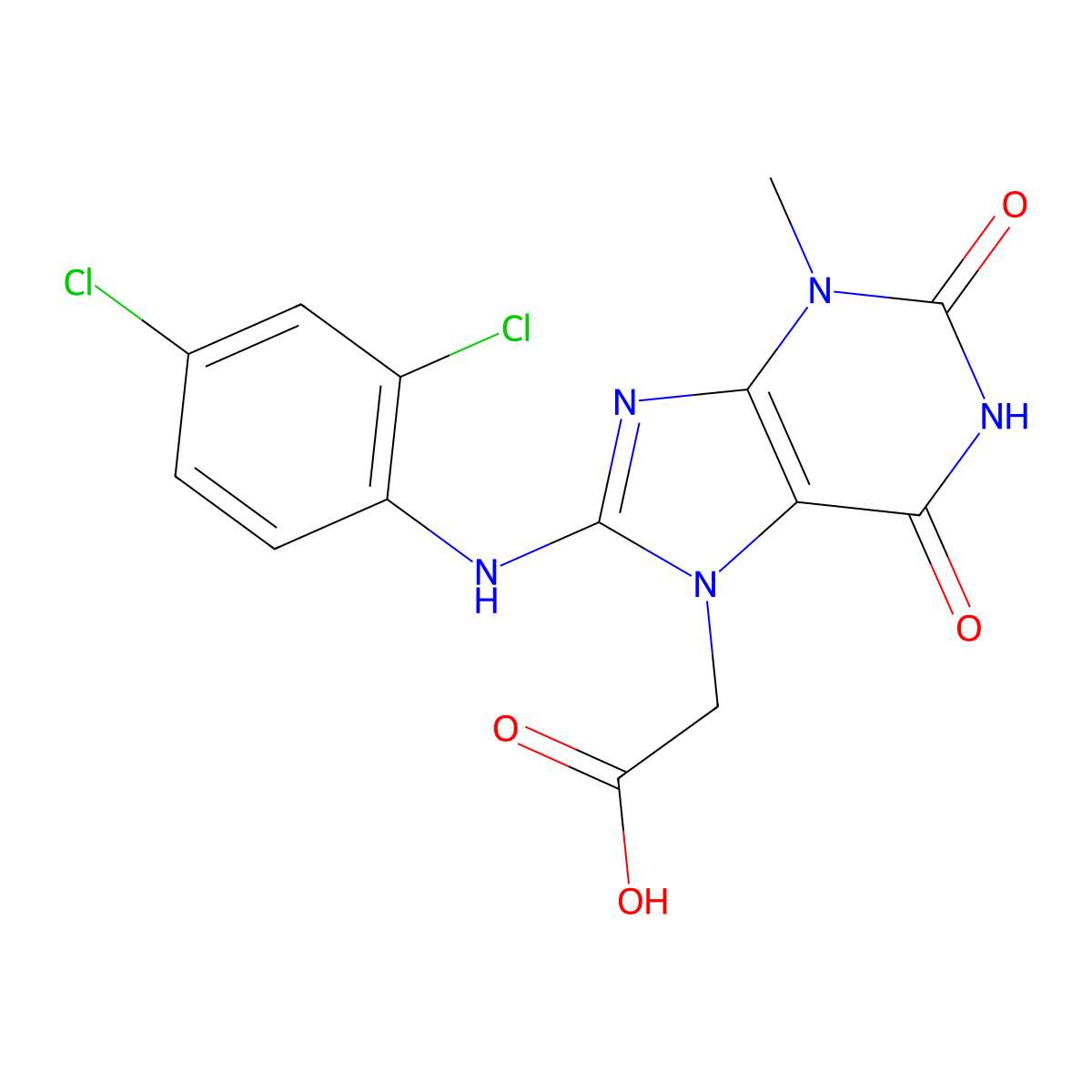 2-(8-((2,4-dichlorophenyl)amino)-3-methyl-2,6-dioxo-2,3-dihydro-1H-purin-7(6H)-yl)acetic acid molecular structure, CAS 1021031-33-3