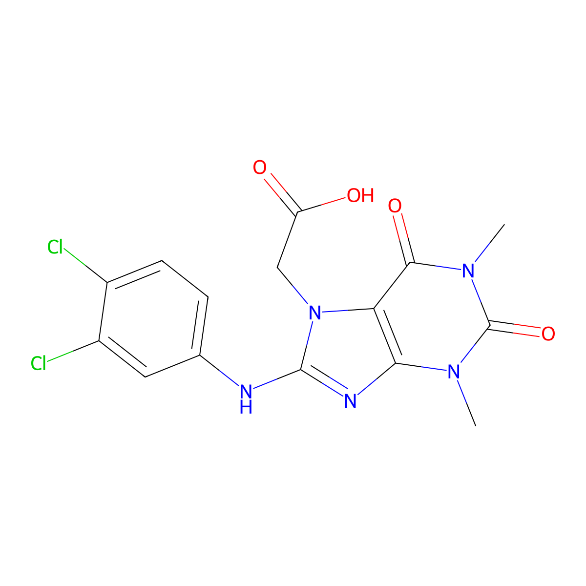 2-(8-((3,4-dichlorophenyl)amino)-1,3-dimethyl-2,6-dioxo-2,3-dihydro-1H-purin-7(6H)-yl)acetic acid molecular structure, CAS 1021031-34-4
