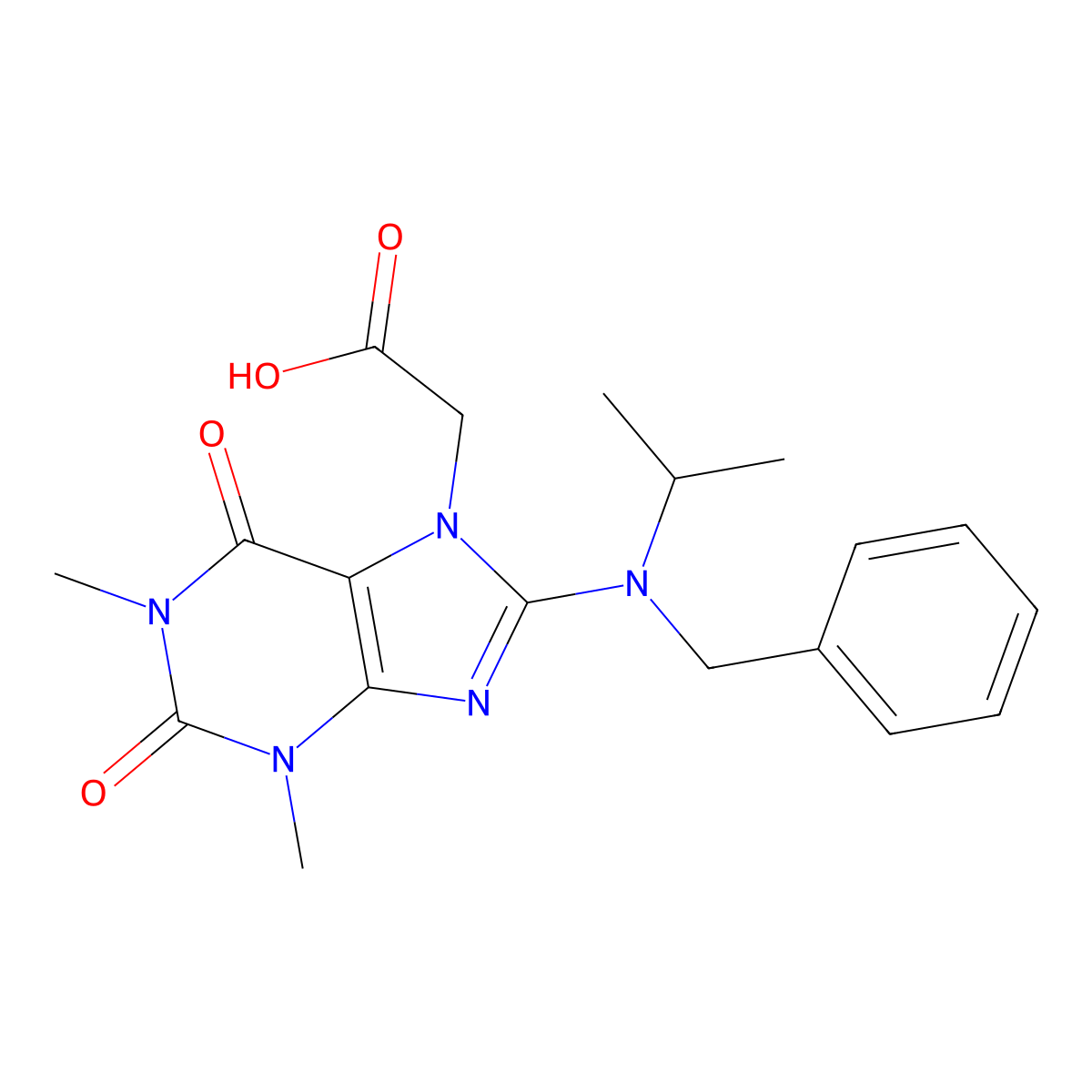 2-(8-(benzyl(isopropyl)amino)-1,3-dimethyl-2,6-dioxo-2,3-dihydro-1H-purin-7(6H)-yl)acetic acid molecular structure, CAS 1021031-36-6