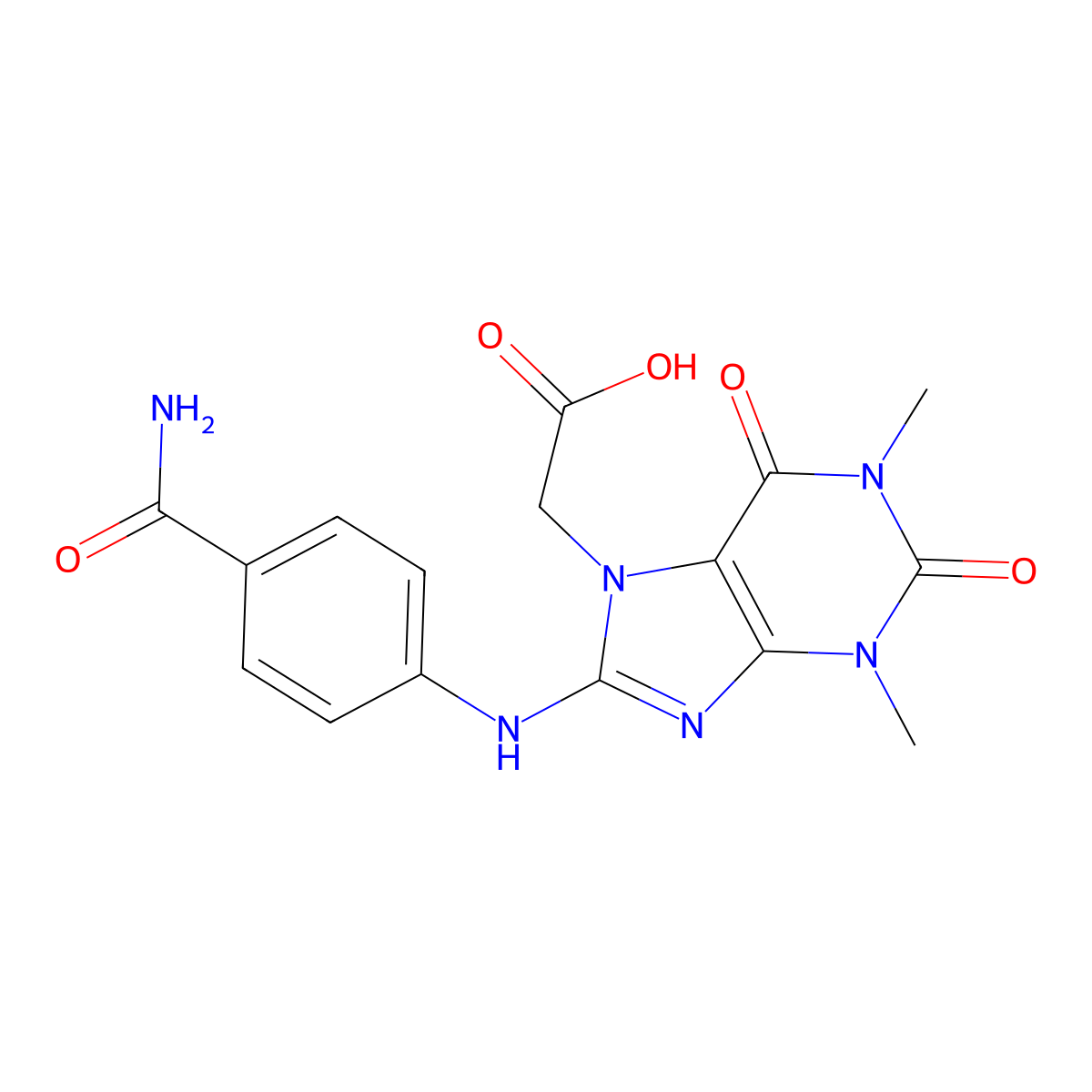 2-(8-((4-carbamoylphenyl)amino)-1,3-dimethyl-2,6-dioxo-2,3-dihydro-1H-purin-7(6H)-yl)acetic acid molecular structure, CAS 1021031-39-9