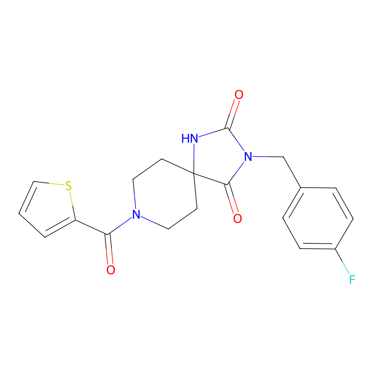 3-[(4-Fluorophenyl)methyl]-8-(thiophene-2-carbonyl)-1,3,8-triazaspiro[4.5]decane-2,4-dione molecular structure, CAS 1021031-90-2