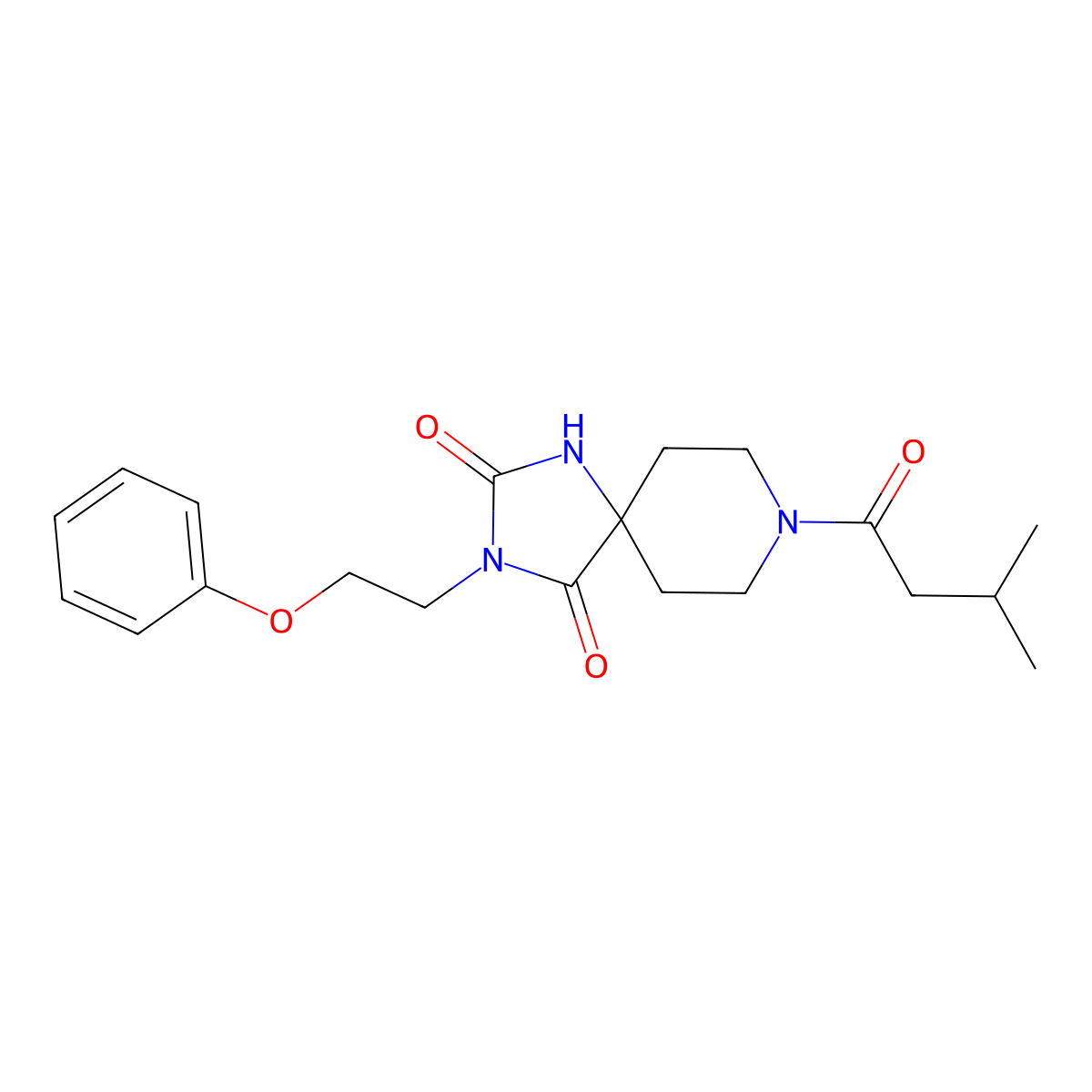 8-(3-Methylbutanoyl)-3-(2-phenoxyethyl)-1,3,8-triazaspiro[4.5]decane-2,4-dione molecular structure, CAS 1021032-25-6