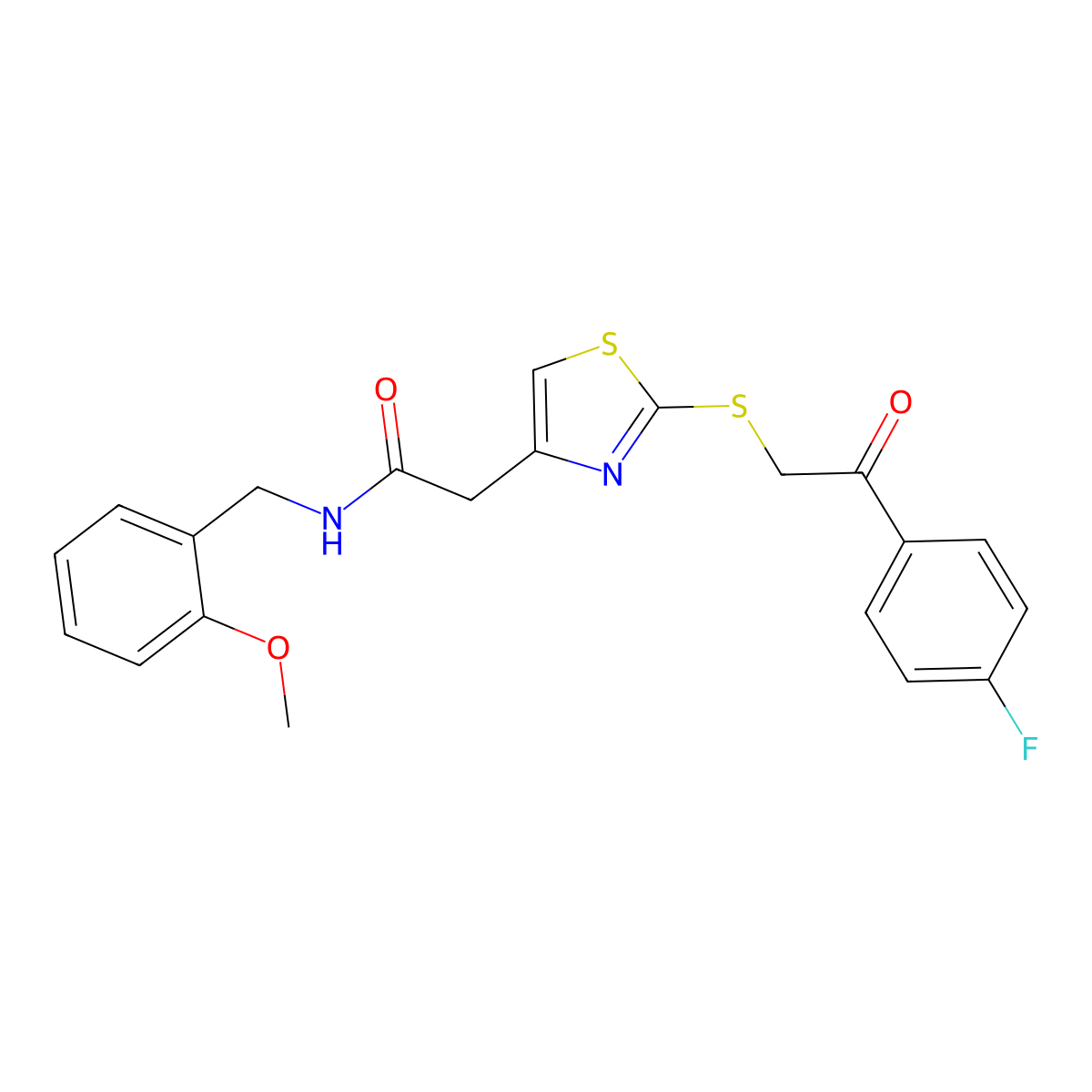 2-(2-((2-(4-fluorophenyl)-2-oxoethyl)thio)thiazol-4-yl)-N-(2-methoxybenzyl)acetamide molecular structure, CAS 1021034-99-0