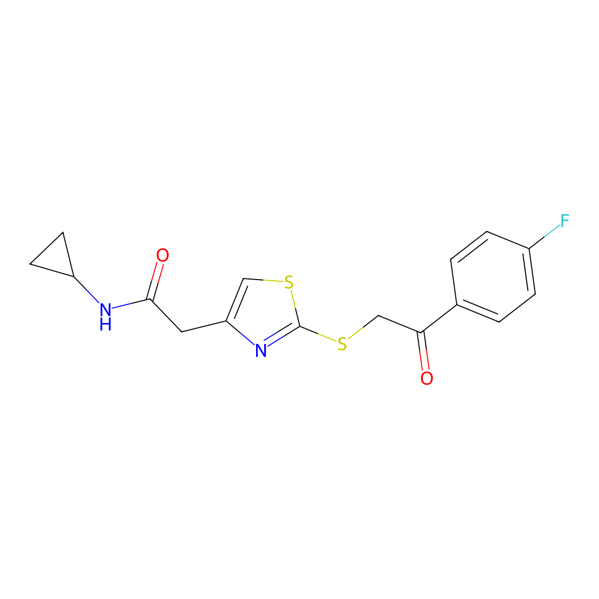 N-cyclopropyl-2-(2-((2-(4-fluorophenyl)-2-oxoethyl)thio)thiazol-4-yl)acetamide molecular structure, CAS 1021035-03-9