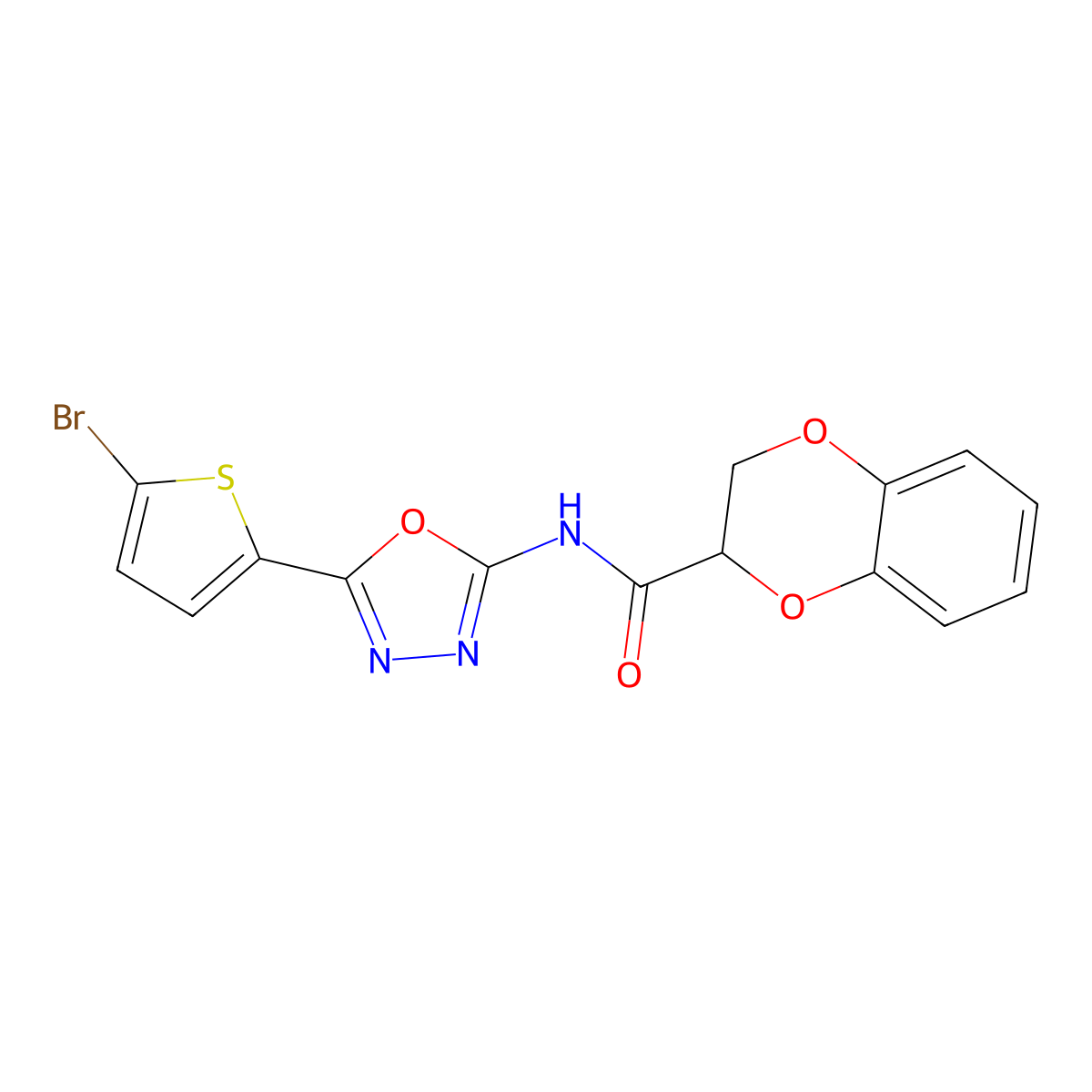 N-(5-(5-bromothiophen-2-yl)-1,3,4-oxadiazol-2-yl)-2,3-dihydrobenzo[b][1,4]dioxine-2-carboxamide molecular structure, CAS 1021036-32-7