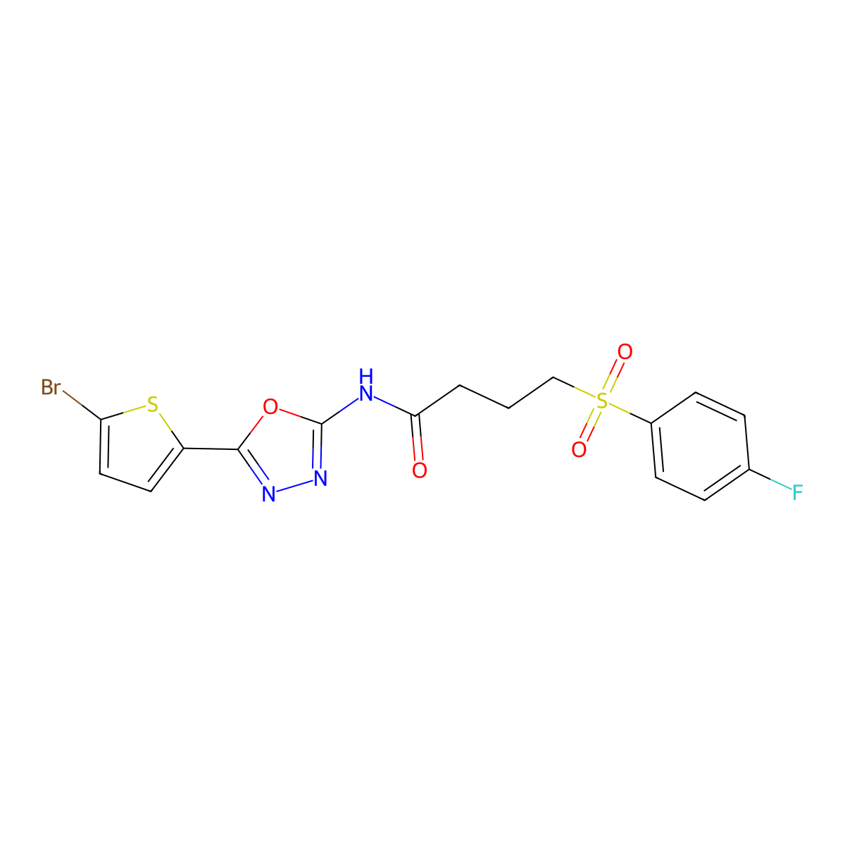 N-(5-(5-bromothiophen-2-yl)-1,3,4-oxadiazol-2-yl)-4-((4-fluorophenyl)sulfonyl)butanamide molecular structure, CAS 1021036-44-1