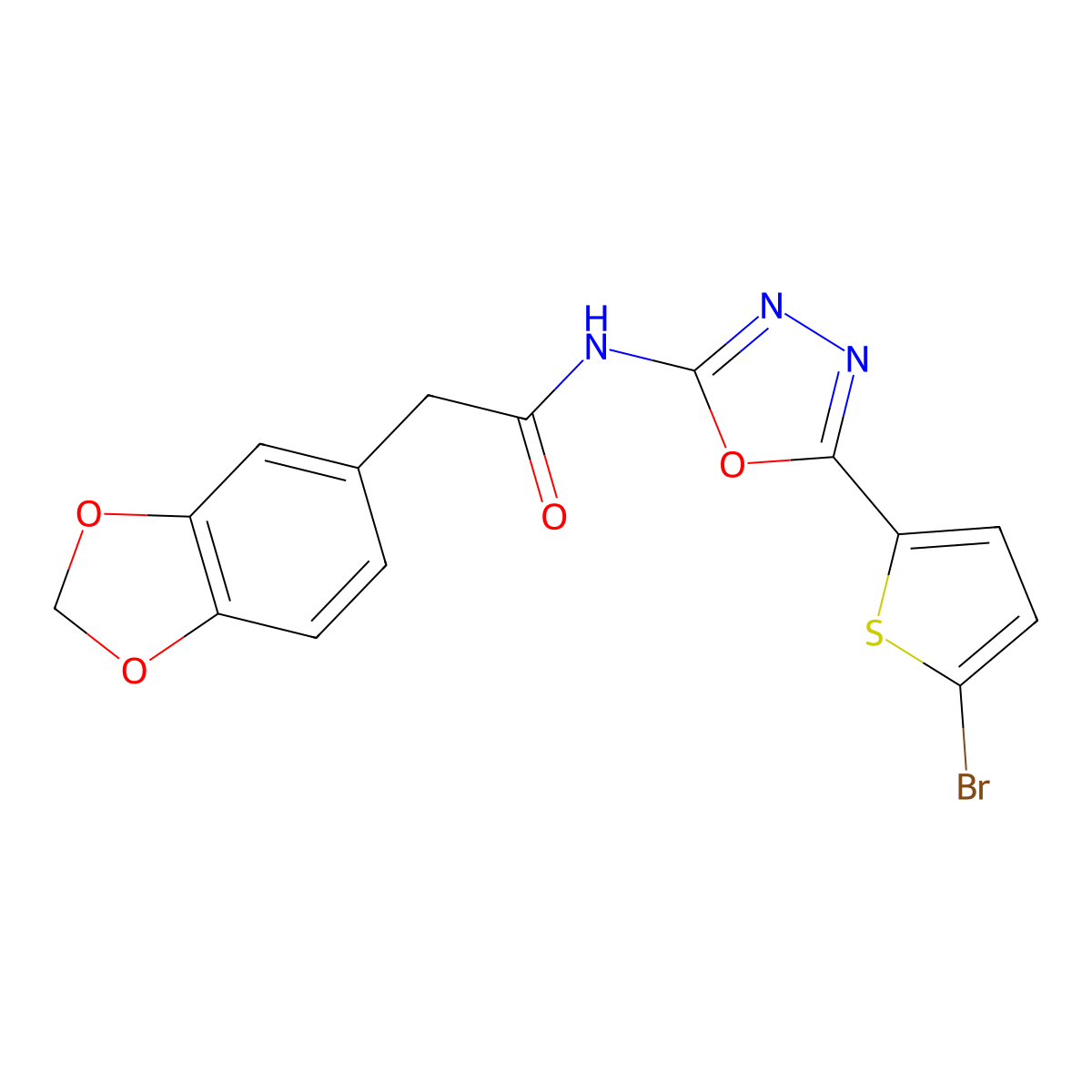 2-(benzo[d][1,3]dioxol-5-yl)-N-(5-(5-bromothiophen-2-yl)-1,3,4-oxadiazol-2-yl)acetamide molecular structure, CAS 1021036-54-3