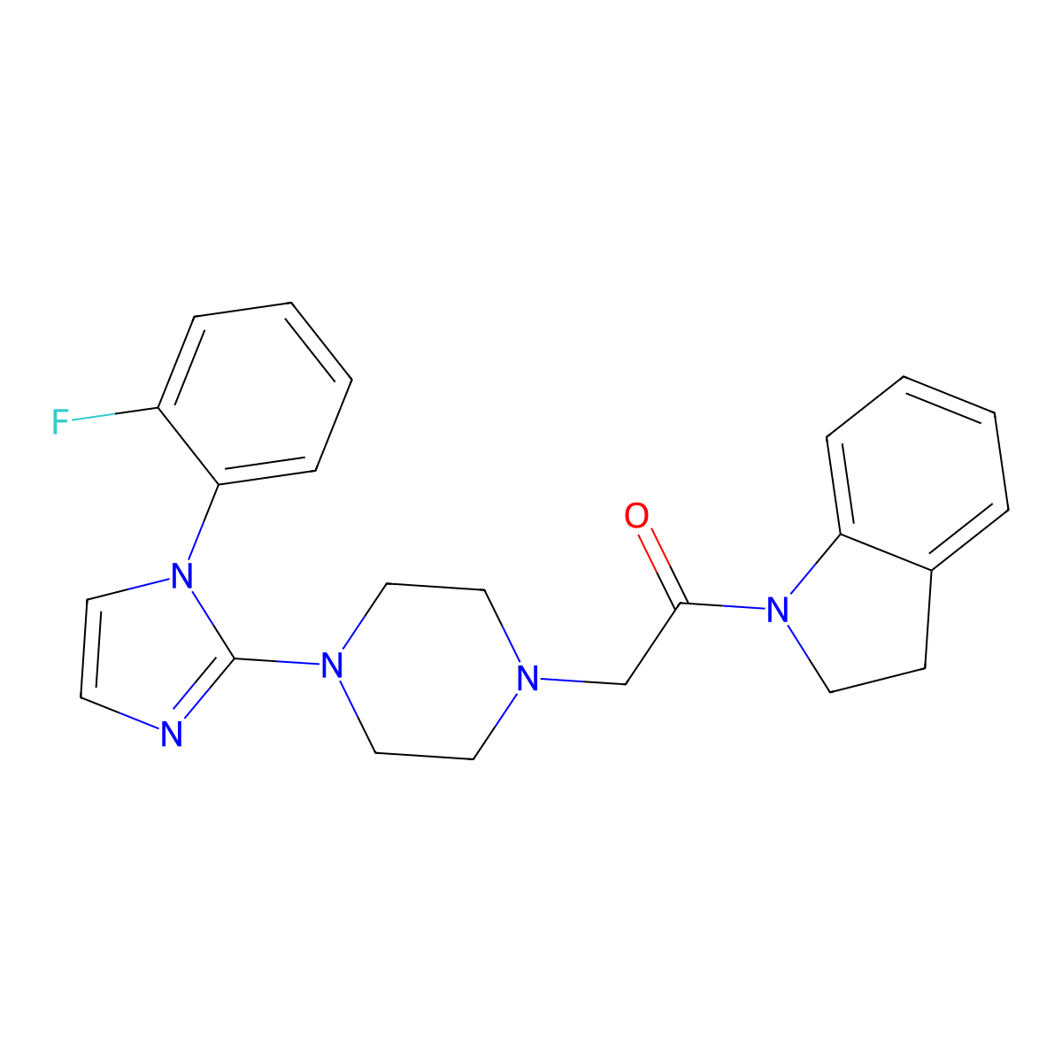 2-(4-(1-(2-fluorophenyl)-1H-imidazol-2-yl)piperazin-1-yl)-1-(indolin-1-yl)ethanone molecular structure, CAS 1021036-90-7
