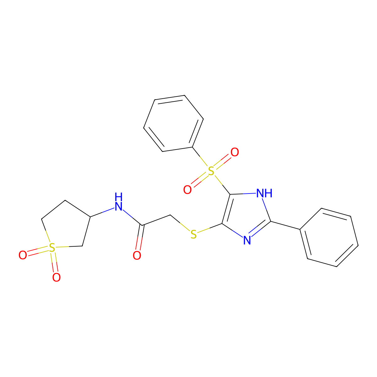 N-(1,1-dioxidotetrahydrothiophen-3-yl)-2-{[2-phenyl-4-(phenylsulfonyl)-1H-imidazol-5-yl]sulfanyl}acetamide molecular structure, CAS 1021037-48-8