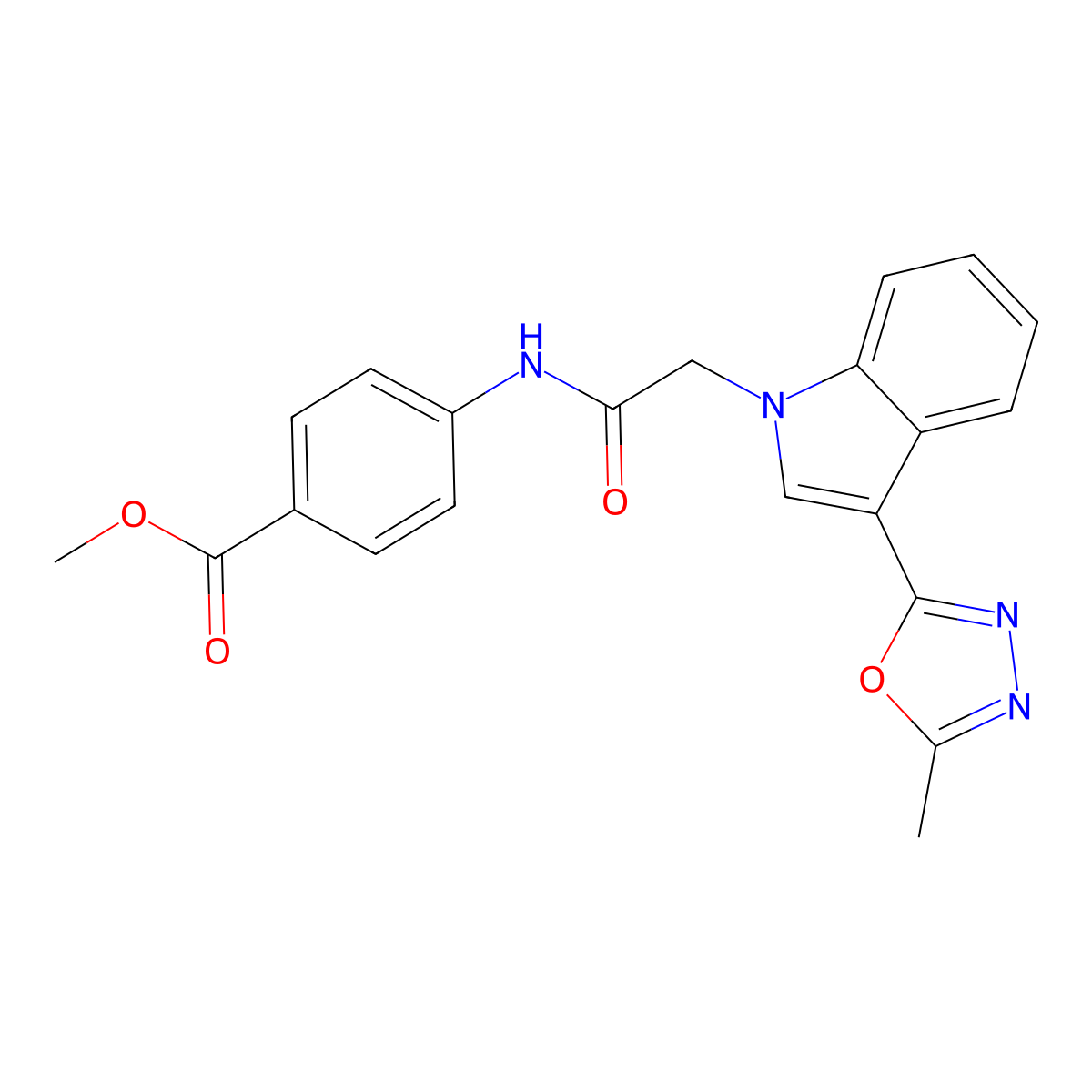 methyl 4-(2-(3-(5-methyl-1,3,4-oxadiazol-2-yl)-1H-indol-1-yl)acetamido)benzoate molecular structure, CAS 1021037-66-0