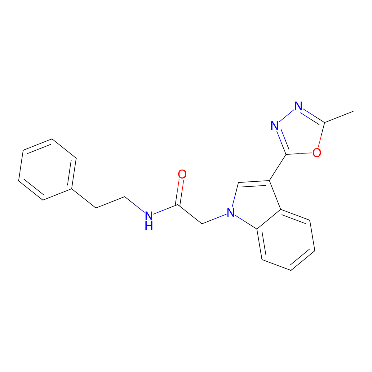 2-(3-(5-methyl-1,3,4-oxadiazol-2-yl)-1H-indol-1-yl)-N-phenethylacetamide molecular structure, CAS 1021037-69-3