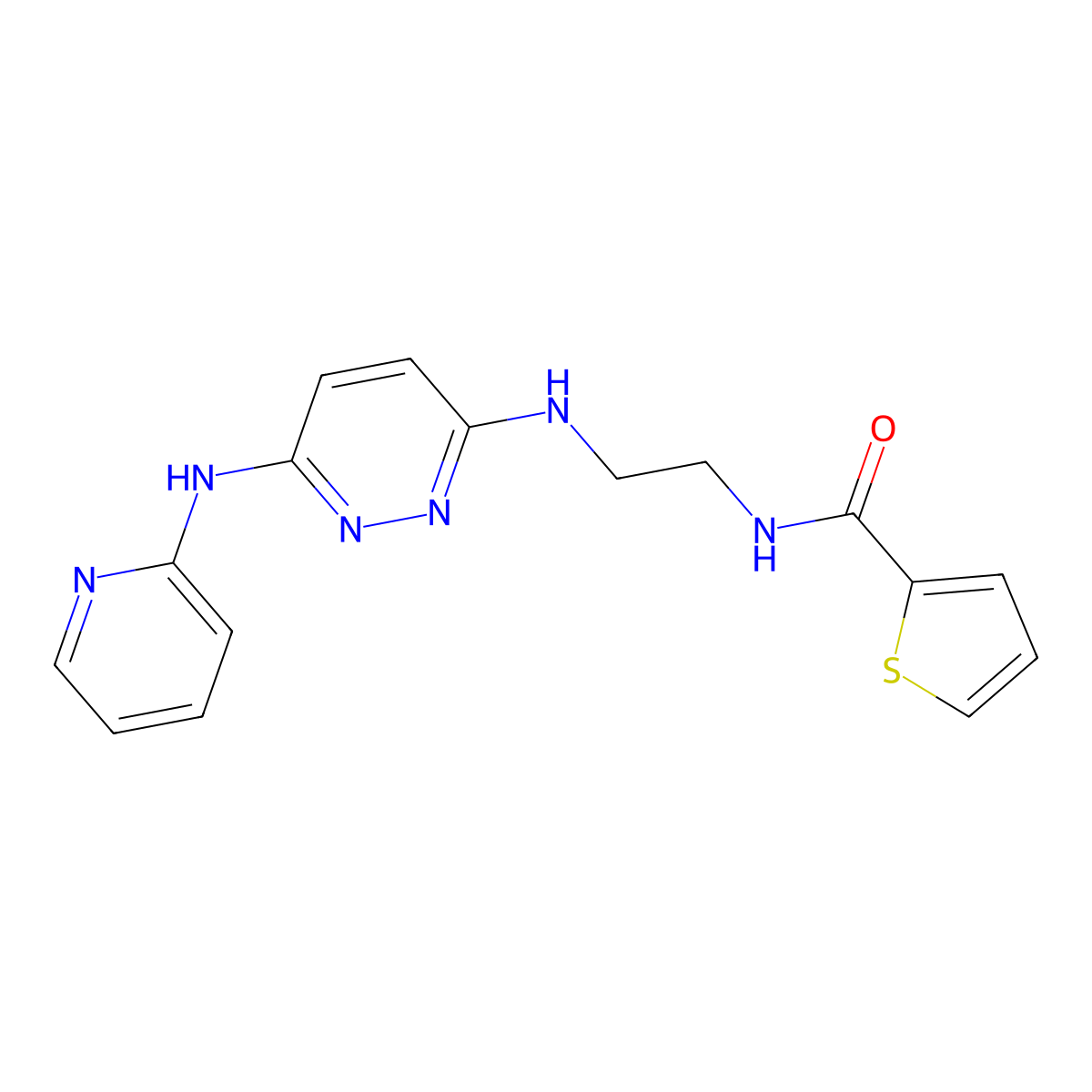 N-(2-((6-(pyridin-2-ylamino)pyridazin-3-yl)amino)ethyl)thiophene-2-carboxamide molecular structure, CAS 1021038-70-9