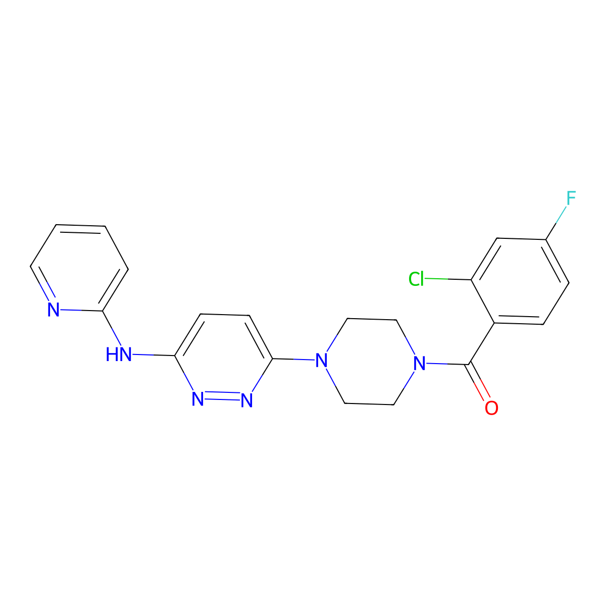 (2-Chloro-4-fluorophenyl)(4-(6-(pyridin-2-ylamino)pyridazin-3-yl)piperazin-1-yl)methanone molecular structure, CAS 1021038-79-8
