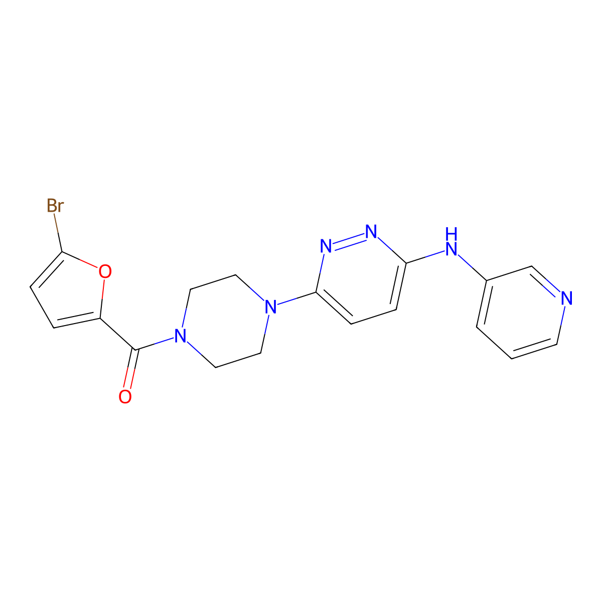 (5-Bromofuran-2-yl)(4-(6-(pyridin-3-ylamino)pyridazin-3-yl)piperazin-1-yl)methanone molecular structure, CAS 1021038-91-4