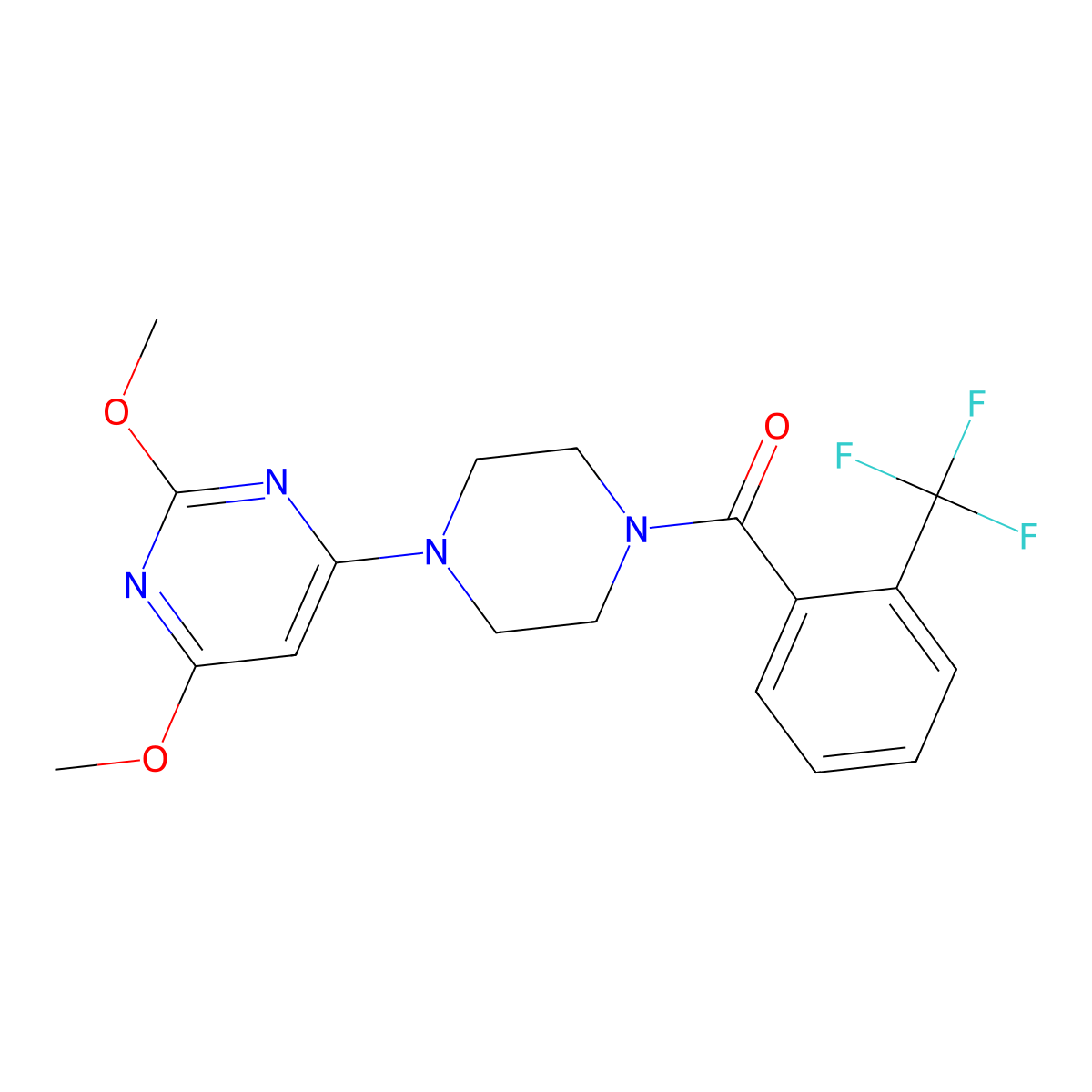 (4-(2,6-Dimethoxypyrimidin-4-yl)piperazin-1-yl)(2-(trifluoromethyl)phenyl)methanone molecular structure, CAS 1021039-36-0