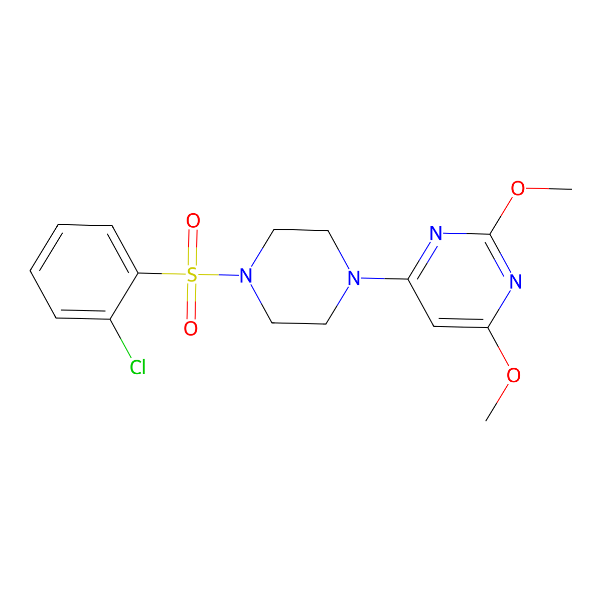 4-(4-((2-Chlorophenyl)sulfonyl)piperazin-1-yl)-2,6-dimethoxypyrimidine molecular structure, CAS 1021039-50-8