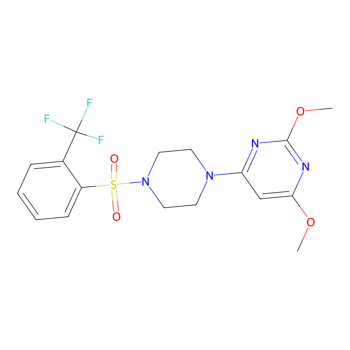 2,4-Dimethoxy-6-(4-((2-(trifluoromethyl)phenyl)sulfonyl)piperazin-1-yl)pyrimidine molecular structure, CAS 1021039-53-1