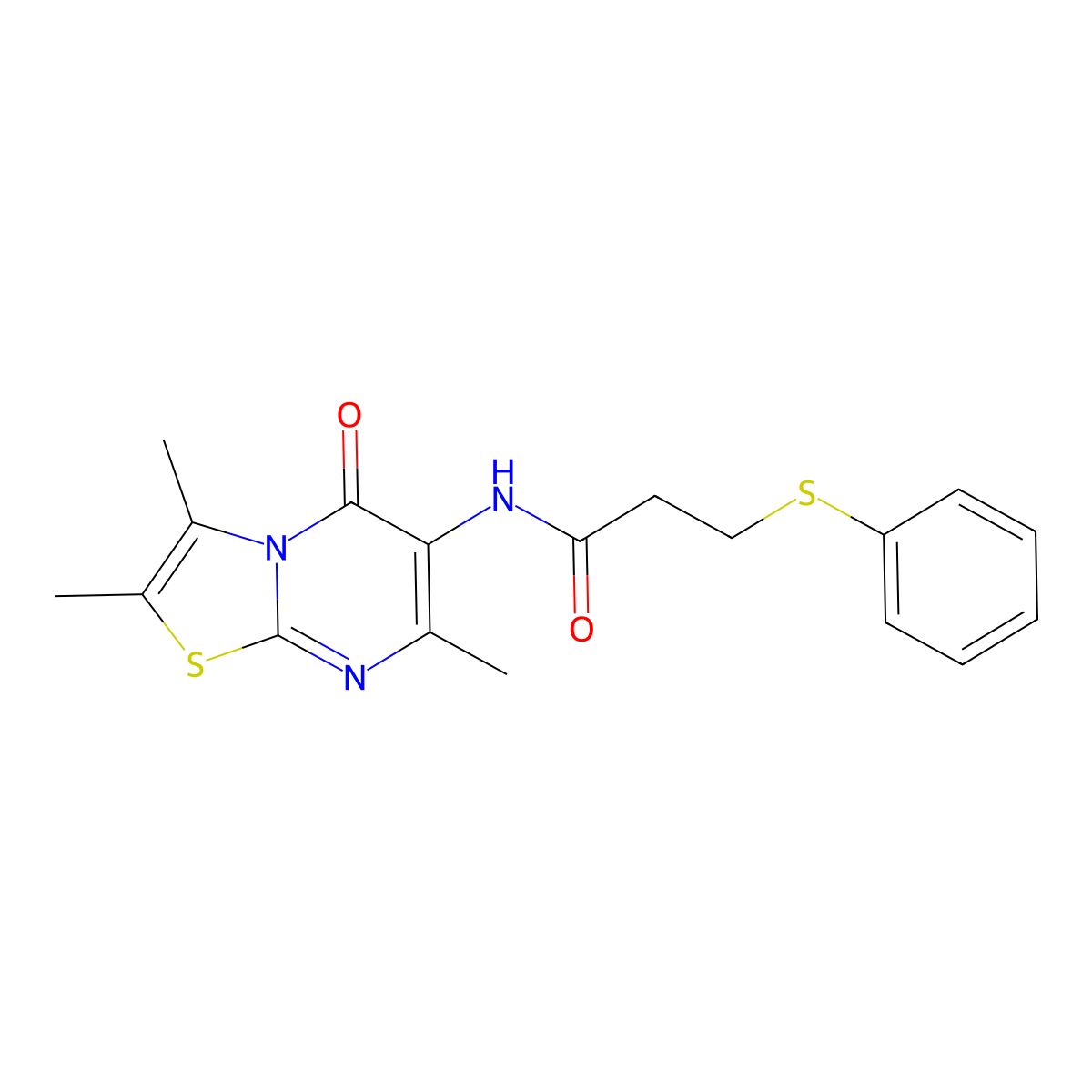 3-(phenylthio)-N-(2,3,7-trimethyl-5-oxo-5H-thiazolo[3,2-a]pyrimidin-6-yl)propanamide molecular structure, CAS 1021040-05-0