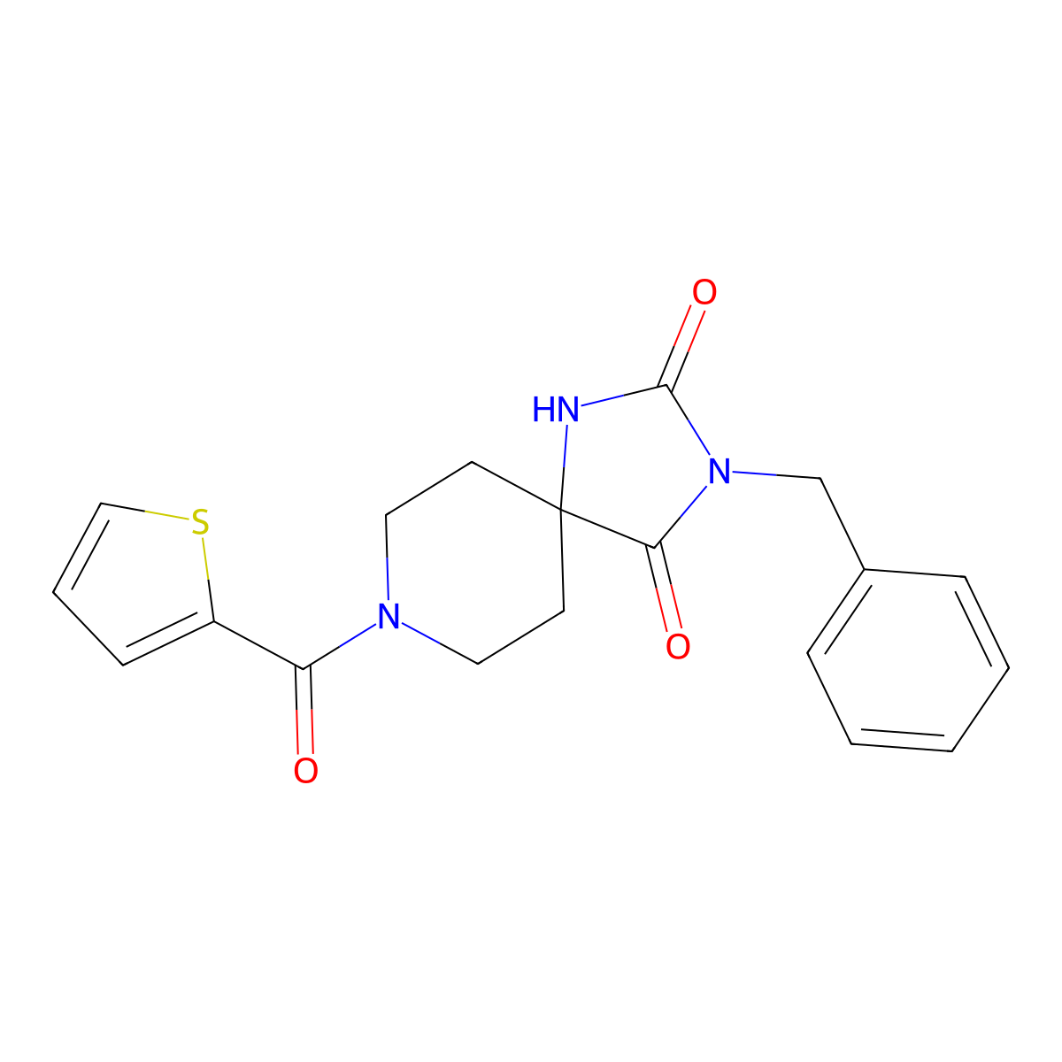 3-Benzyl-8-(thiophene-2-carbonyl)-1,3,8-triazaspiro[4.5]decane-2,4-dione molecular structure, CAS 1021040-10-7