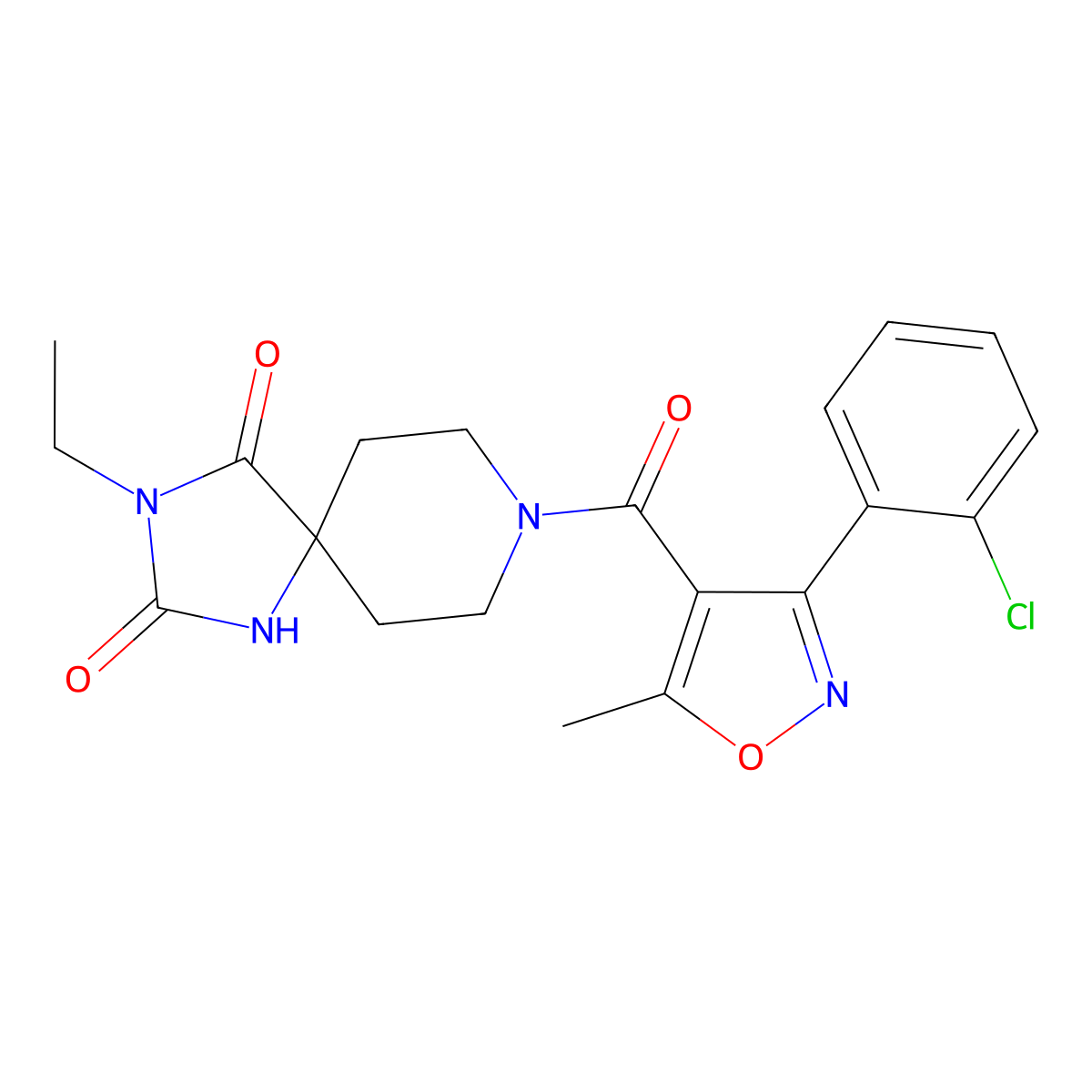 8-(3-(2-Chlorophenyl)-5-methylisoxazole-4-carbonyl)-3-ethyl-1,3,8-triazaspiro[4.5]decane-2,4-dione molecular structure, CAS 1021040-20-9