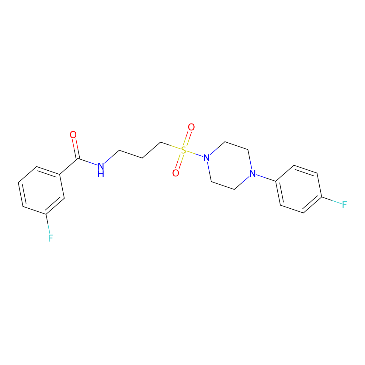 3-fluoro-N-(3-((4-(4-fluorophenyl)piperazin-1-yl)sulfonyl)propyl)benzamide molecular structure, CAS 1021040-57-2