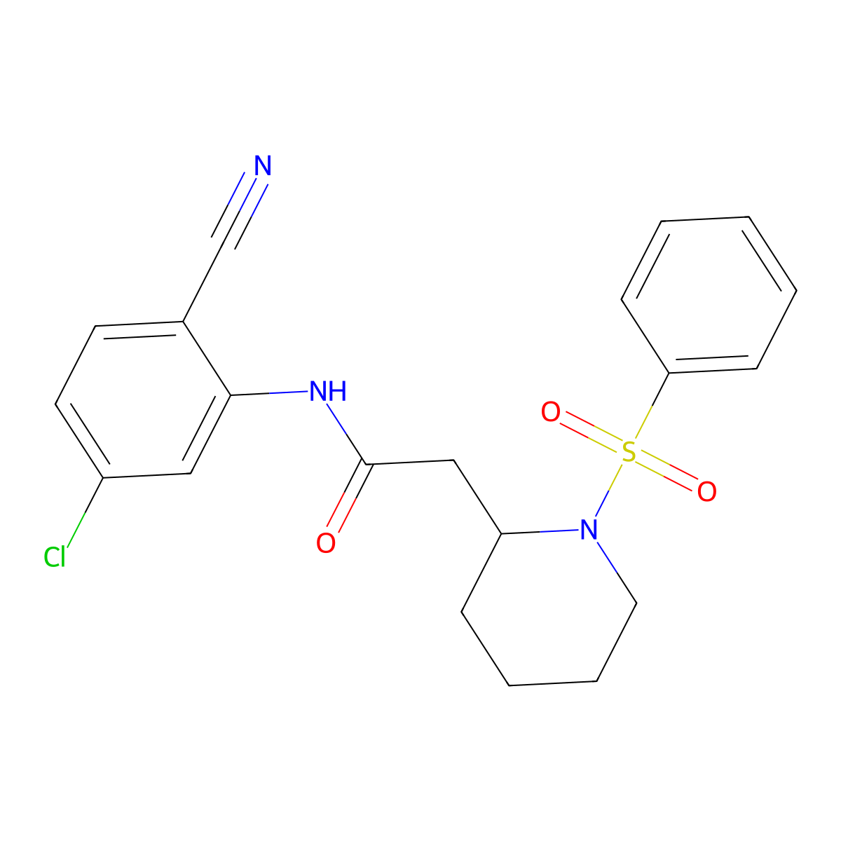 N-(5-chloro-2-cyanophenyl)-2-(1-(phenylsulfonyl)piperidin-2-yl)acetamide molecular structure, CAS 1021040-80-1