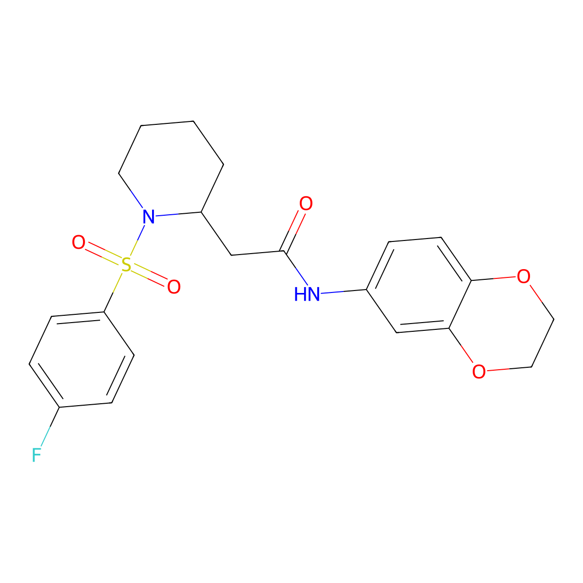 N-(2,3-dihydrobenzo[b][1,4]dioxin-6-yl)-2-(1-((4-fluorophenyl)sulfonyl)piperidin-2-yl)acetamide molecular structure, CAS 1021041-34-8