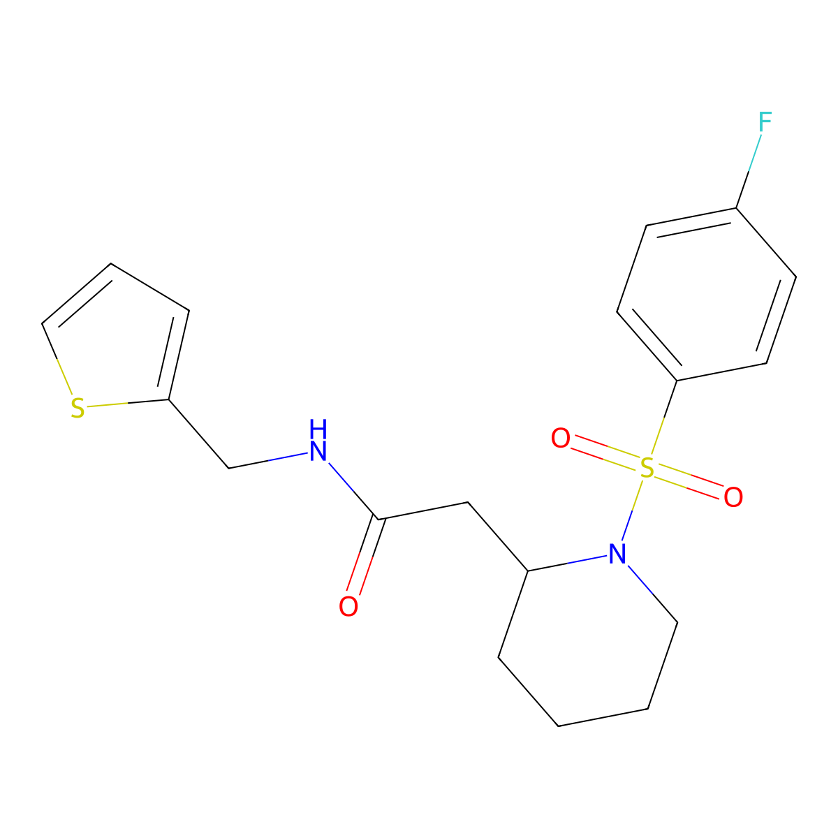2-(1-((4-fluorophenyl)sulfonyl)piperidin-2-yl)-N-(thiophen-2-ylmethyl)acetamide molecular structure, CAS 1021041-38-2